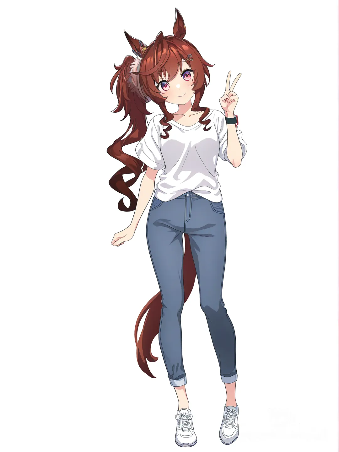 casual pants, full body, portrait, [bright-anime-style], white background, 1girl, v sign, head tilt, hairpin, digital watch, side ponytail, burgundy hair, horse ears, horse tail