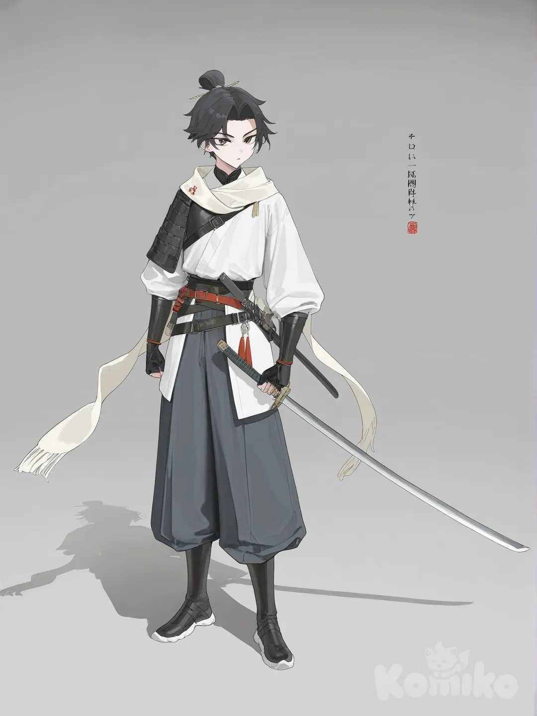 1boy, holding sword, scarf, jewelry, man bun, charcoal black, full body