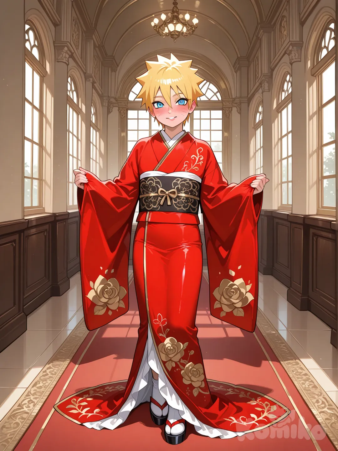 Naruto Uzumaki chico de la realeza, Femboy, chico lindo, cabello rubio, ojos azules, chico, 20 años de edad, pecho plano, kimono rojo con detalles dorados ajustado, sonrisa dulce, labios melocotón, sonrojado, full body, mansión