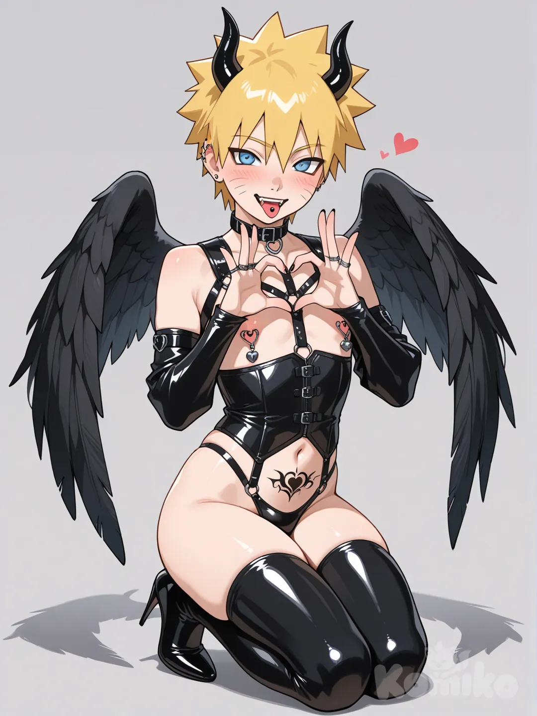 Naruto Uzumaki, FemBoy, pecho plano, ojos azules, cabello rubio, cabello corto, desnudo, boy, cute boy, labios color negro, alas negras de angel, plumas negras, cuernos muy pequeños negros, colmillos, black lips, sonrisa suave, sonrisa dulce, language ring, piercing en la lengua, lengua afuera, blush, mirada coqueta, sexy, rings nipples, pesas en forma de corazón en los pezones, múltiple piercing, multiple rings, tatuaje de esclavo en el vientre, black heart choker, collar de esclavo, corset negro brillante, medias negras de cuero, tacones negros de aguja, mangas negras largas de tela transparente en punta, cuerpo decorado con correas de cuero, de rodillas, piernas juntas, four-finger heart hands, cuerpo completo, front profile photo, looking at viewer, uzumaki Naruto