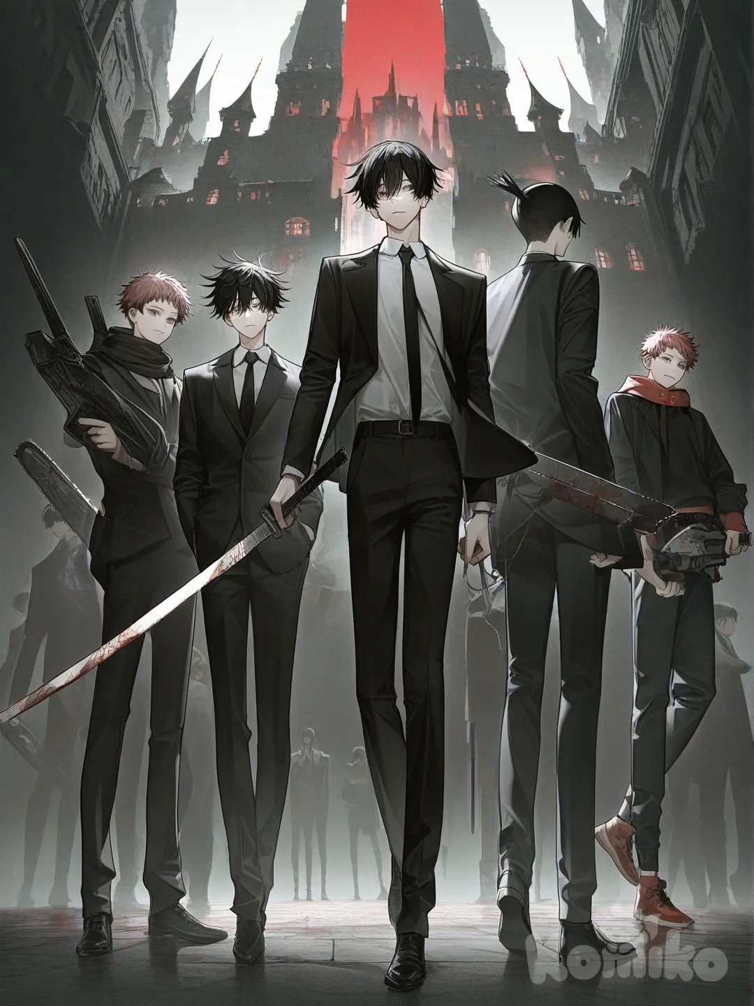4boys, Itadori Yuuji, Fushiguro Megumi, Hayakawa Aki, Denji (Chainsaw Man), [high-contrast-glossy-style], holding sword, holding gun, hoodie, suit, suit pants, tie, scarf, full body, castle