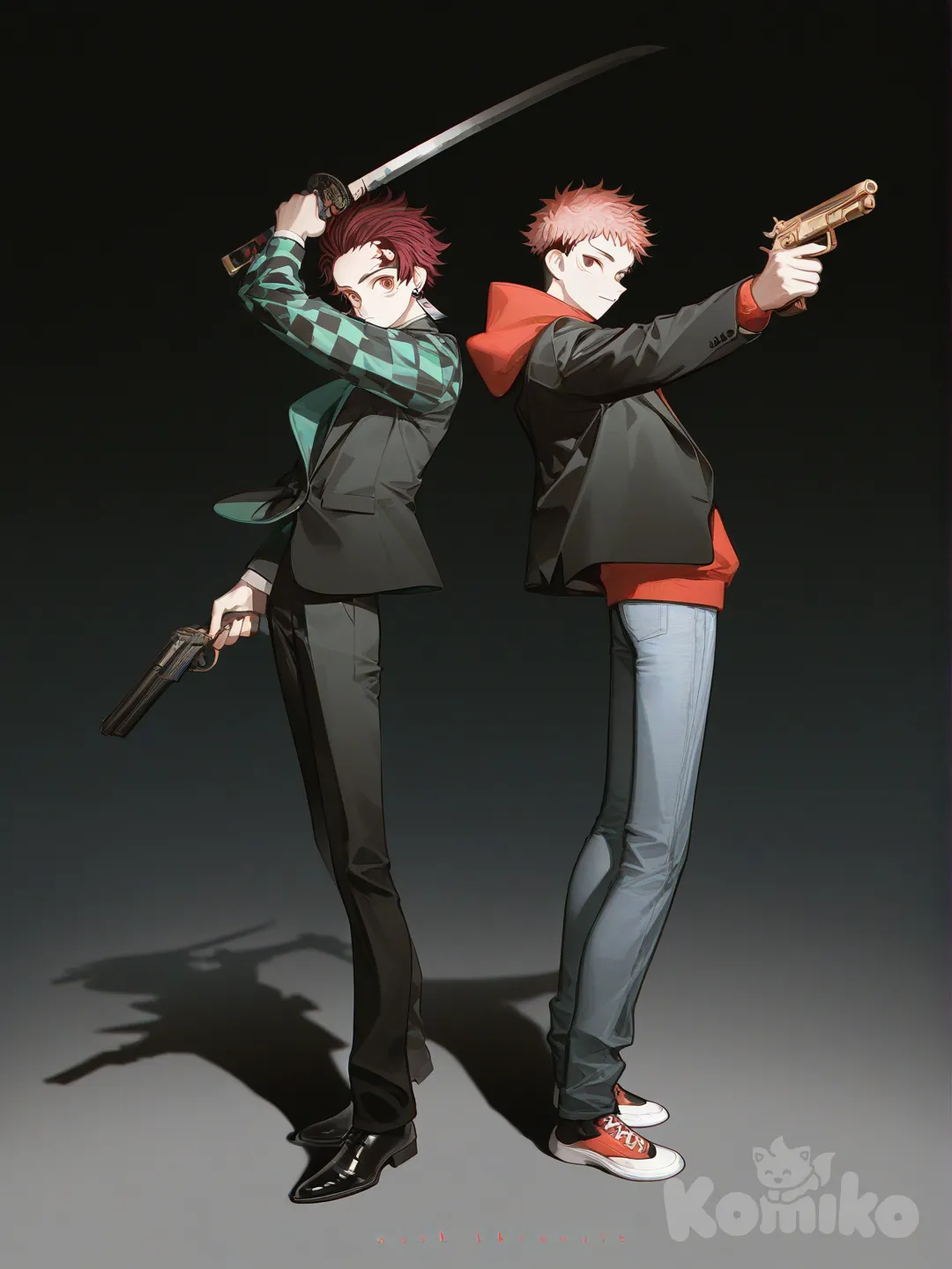 2boys, Itadori Yuuji, Kamado Tanjirou, [high-contrast-glossy-style], holding sword, holding gun, hoodie, jeans, suit, full body