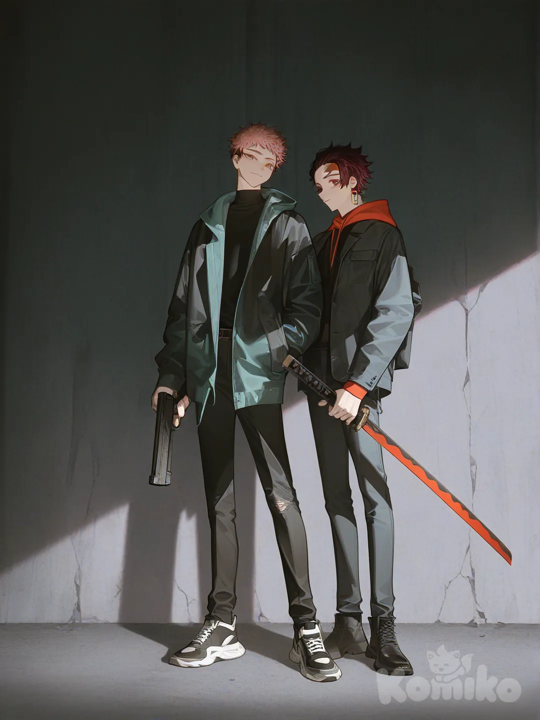 2boys, Itadori Yuuji, Kamado Tanjirou, [high-contrast-glossy-style], holding sword, holding gun, hoodie, jeans, suit, full body