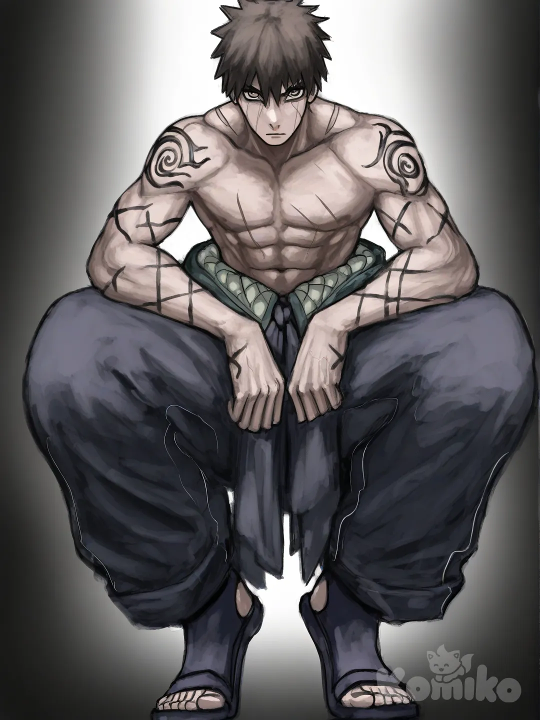 [sketchy-painterly-style] 1boy, naruto (style), original character, teenager, muscular, tall, black hair, brown hair, brown eyes, gray eyes, scar, tattoo, single character, full body, looking at viewer, anime style, simple background, white background