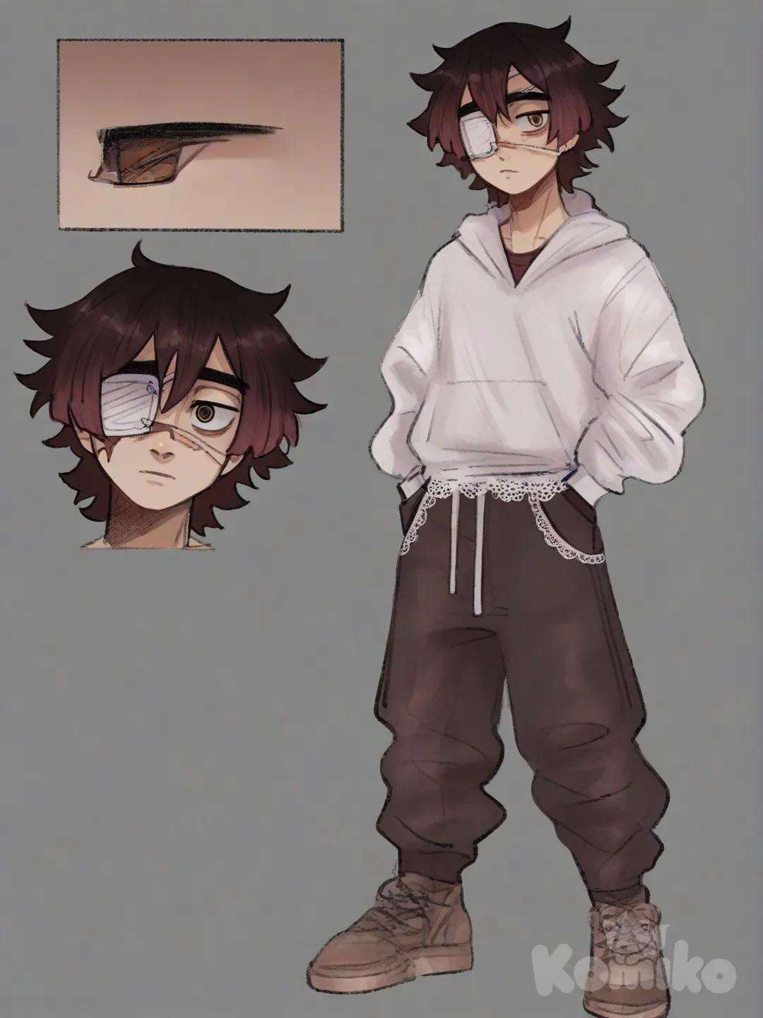 [soft-shaded-moe-style] 1boy, demon slayer style, original character, teenager, tall, brown hair, brown eyes, scar, eyepatch, lace, single character, full body, looking at viewer, simple background, white background