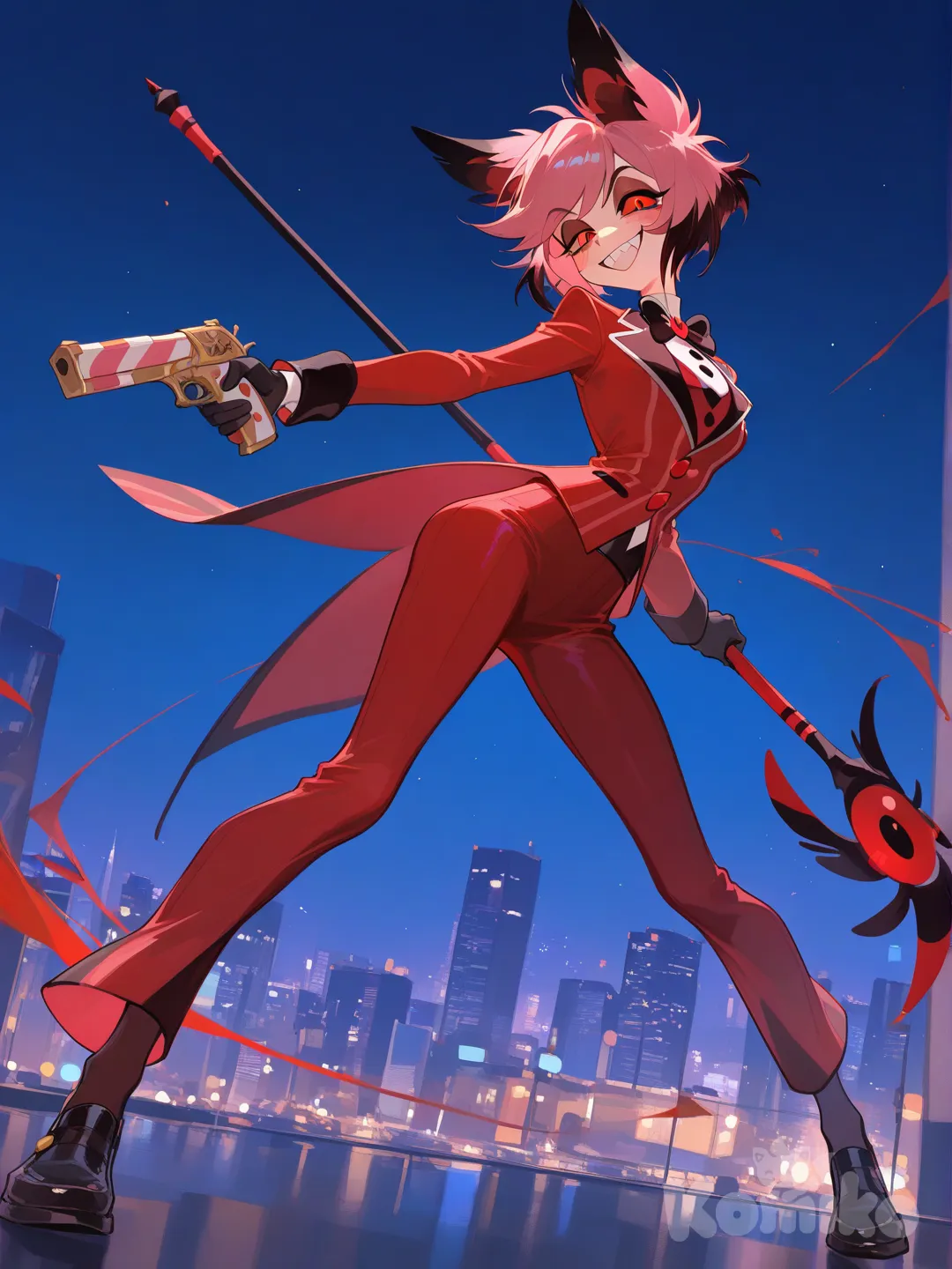 @Alastor_The_Radio_Demon, holding gun, full body, head tilt, smile, night, city lights, [soft-shading-style]