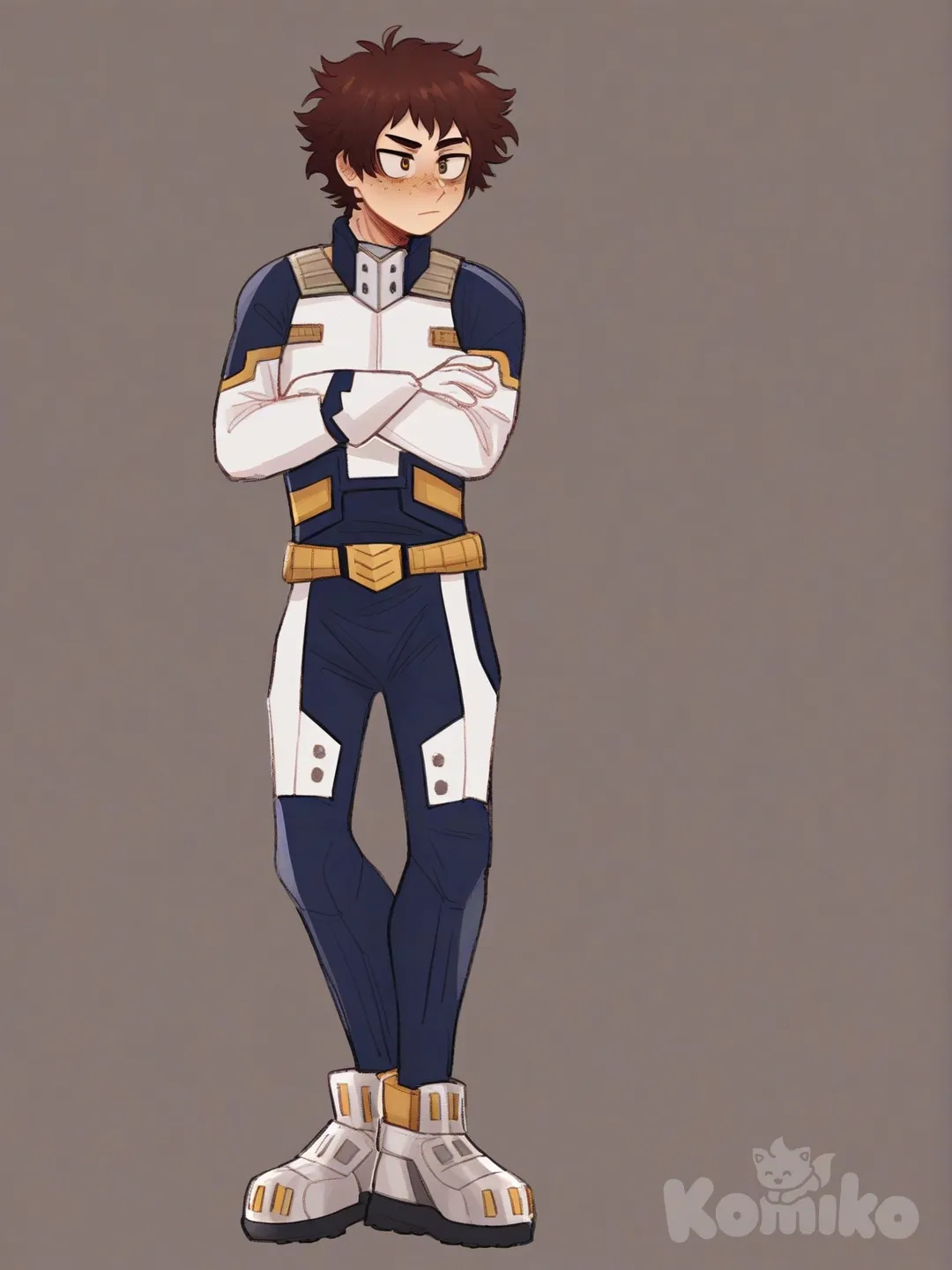 [soft-shaded-moe-style] 1boy, my_hero_academia, brown_hair, brown_eyes, freckles, fair_skin, tall, teenager, hero_suit, ruffles, quirk_copying_eye, single_character, full_body, looking_at_viewer, anime_style, simple_background, white_background