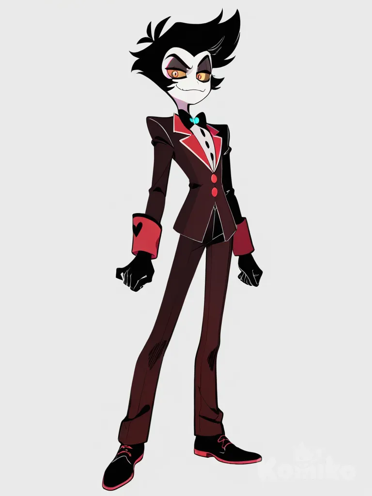 1boy, hazbin hotel, teenager, tall, black_hair, brown_eyes, scar, suit, single character, full body, looking at viewer, anime style, simple background, white background