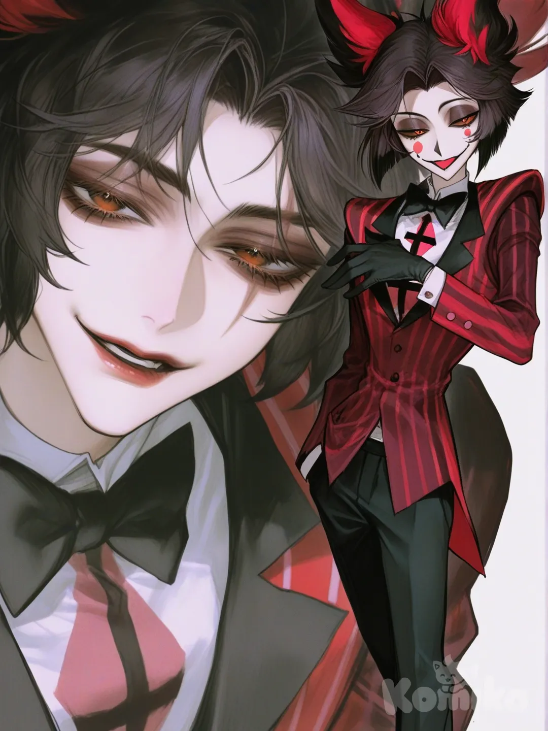 [semi-realistic-portrait-style] 1boy, hazbin hotel, teenager, tall, black_hair, brown_eyes, scar, suit, single character, full body, looking at viewer, anime style, simple background, white background