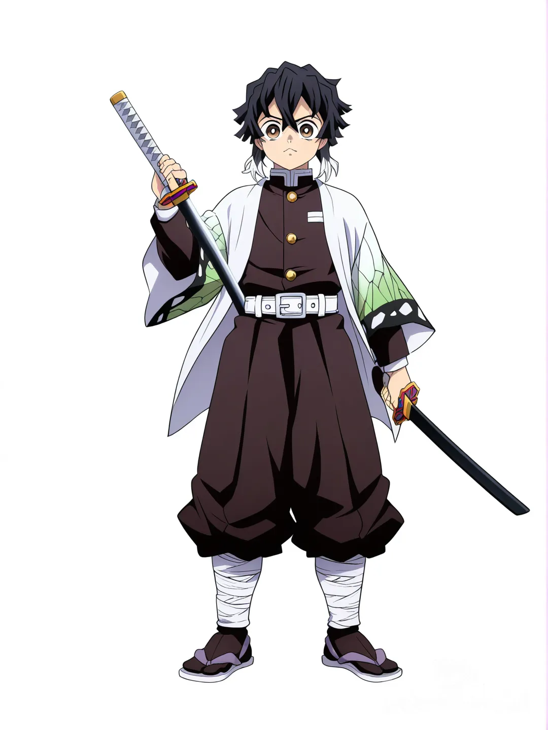[pop-anime-style] 1boy, demon slayer style, teenager, tall, black hair with white tips, brown eyes, holding swords, single character, full body, looking at viewer, anime style, simple background, white background