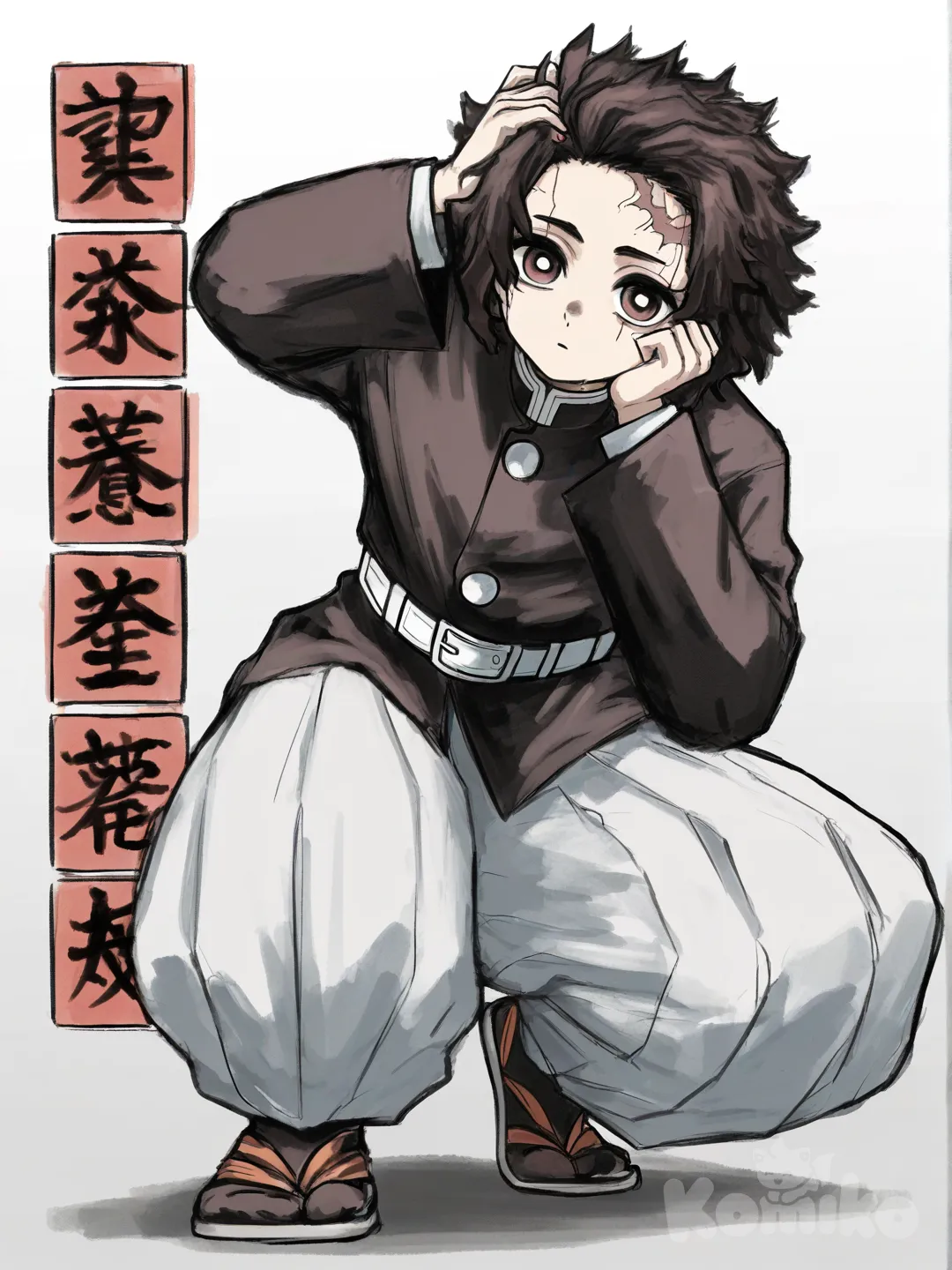 [sketchy-painterly-style] 1boy, nezuko kamado, demon, brown_hair, brown_eyes, short_hair, tall, teenager, demon slayer, single character, full body, looking at viewer, anime style, simple background, white background