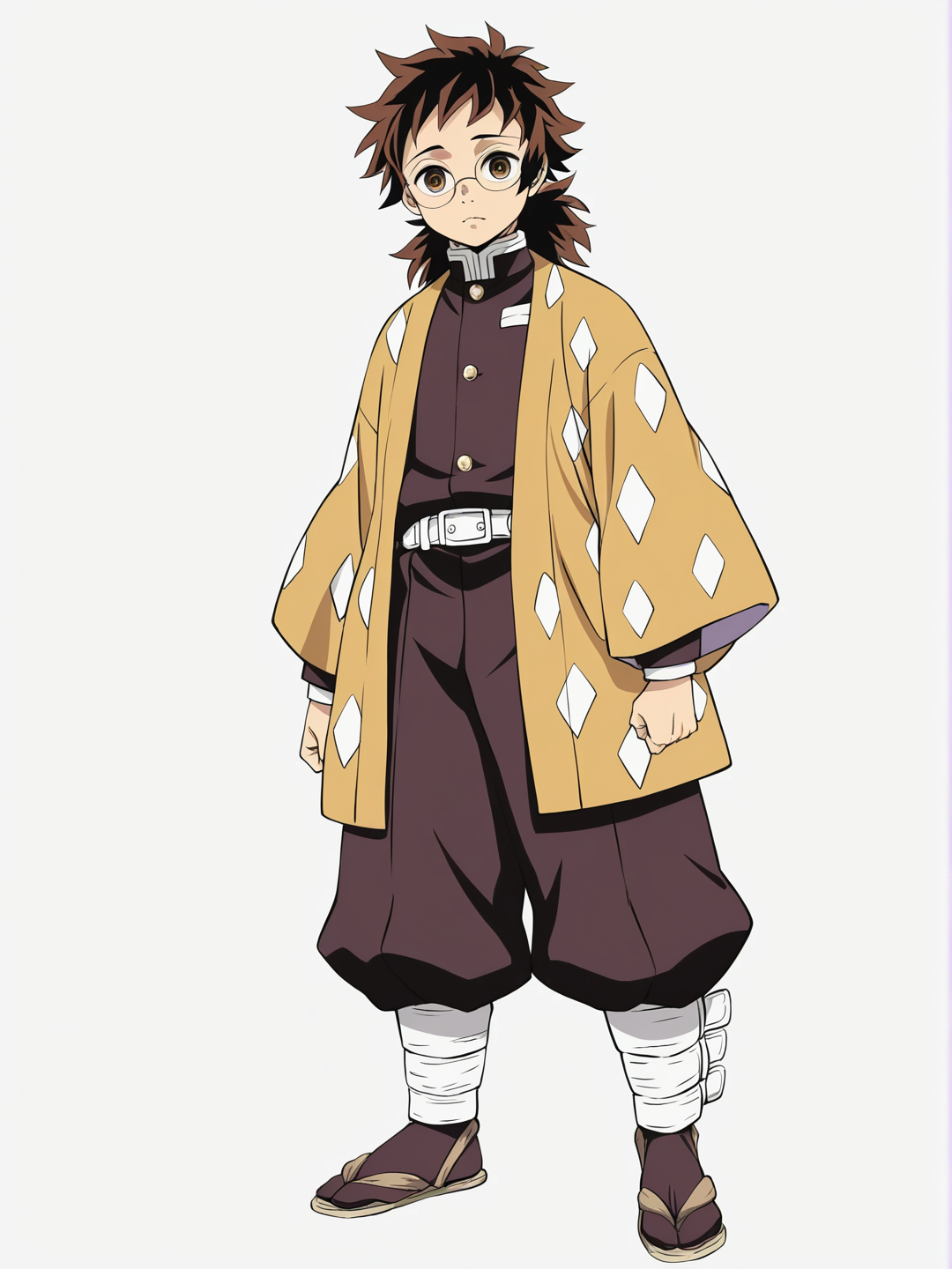 [bright-anime-style] 1boy, teenager, tall, brown_hair, brown_eyes, glasses, studs, red_and_blue_haori, demon_slayer_style, single_character, full_body, looking_at_viewer, anime_style, simple_background, white_background