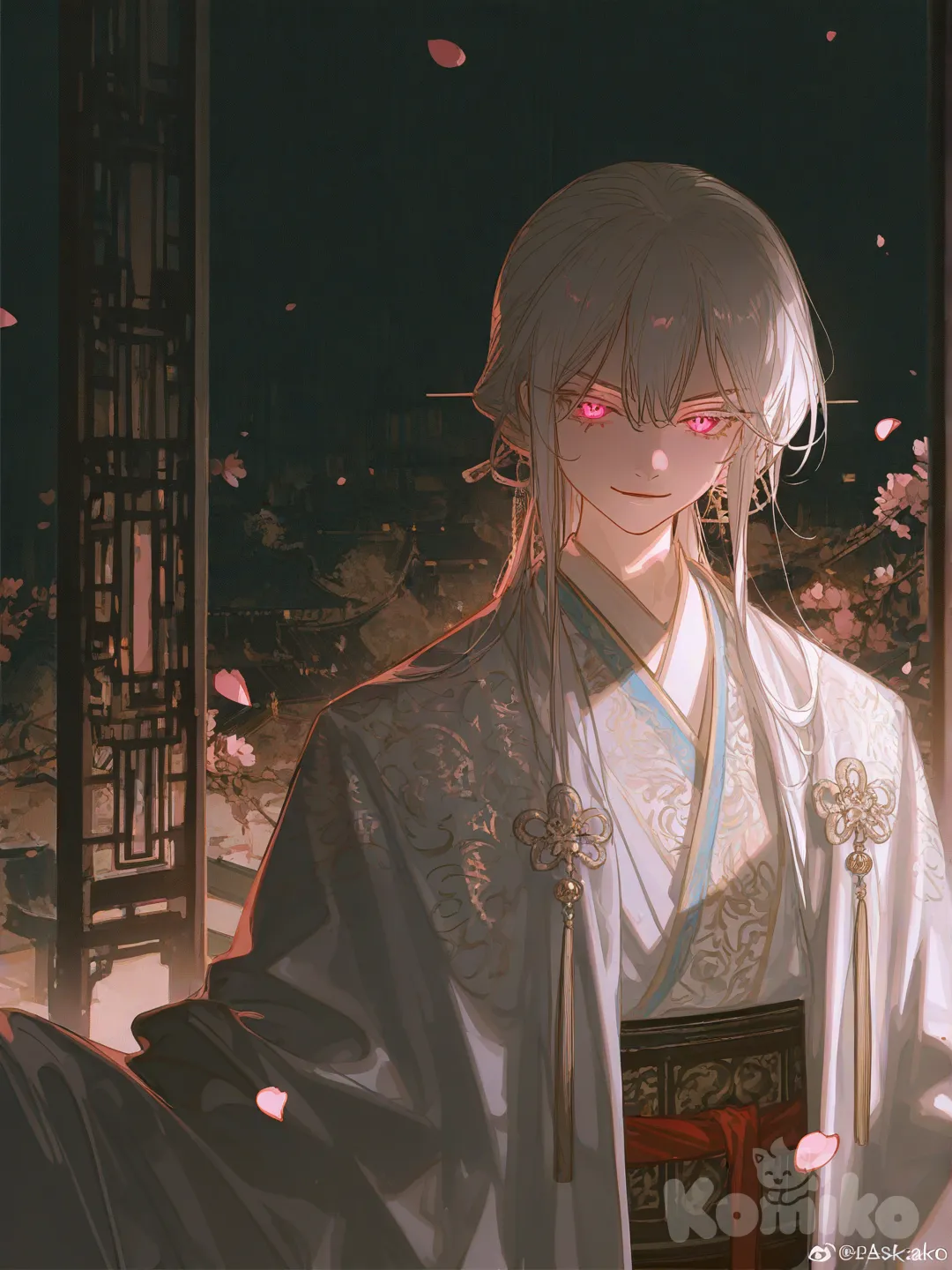 (ultra-), (anime style), 1boy, solo, focus on face,
(handsome young man), sharp facial features,
(short snow white hair), (white eyelashes), long eyelashes,
((pink eyes)), ((vertical slit pupils)), (white pupils), glowing eyes, beautiful eyes, cat-like eyes,
mischievous smirk,

(wearing traditional chinese fantasy outfit), (luxurious hanfu), wuxia style,
white and silver silk robes, layered fabric, wide sleeves, intricate golden embroidery,
flowing sash, asian tassels, jade pendant,
(assassin aesthetic), elegant but dangerous,

(background: ancient chinese palace at night), moonlight, cherry blossom petals falling, atmospheric lighting, cinematic composition, depth of field, soft glow, 8k., [dazzling-illustration-style]