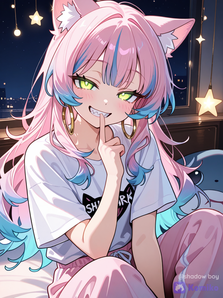 A vibrant anime digital illustration of a smug catgirl with long, voluminous pink hair that transitions smoothly into light blue/cyan tips. She has fluffy pink cat ears, a mischievous grin revealing sharp shark teeth, and expressive glowing green eyes. She is wearing large gold hoop earrings, a relaxed white t-shirt, and loose pink pajama pants. The character is sitting comfortably on a bed in a cozy bedroom at night. In her hand, she holds a floating, brightly glowing star-shaped light that casts a warm glow on her face. The background is filled with warm, soft-focus string fairy lights hanging across the dark room. Clean line art, rich pastel color palette, soft cel-shading, cozy and magical night atmosphere one finger in mouth