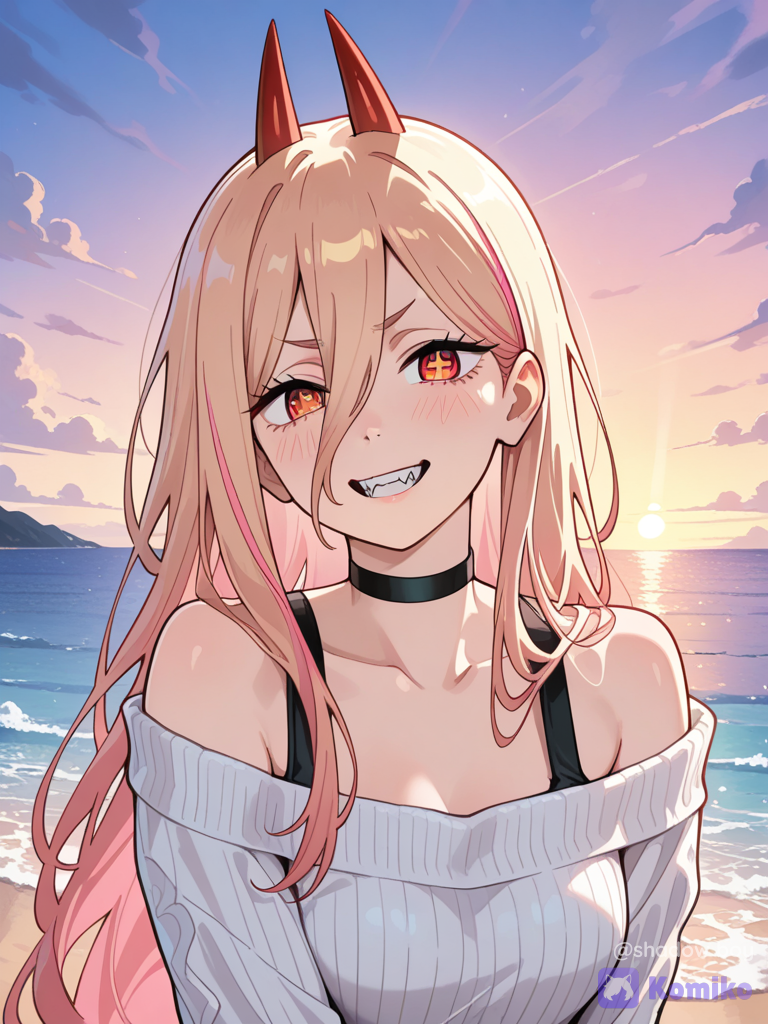 A highly anime illustration of Power from Chainsaw Man, long flowing blonde-strawberry hair, sharp red eyes with distinct cross-shaped pupils, a pair of sharp red devil horns protruding from the top of her head. She is wearing a cozy, off-the-shoulder white ribbed knit sweater and a black choker. Confident smile showing sharp fangs, holding up a peace sign with her hand. Set against a serene beach sunset background with warm, glowing volumetric sunlight streaming past her. quality, vibrant colors, crisp lines, smooth shading, digital anime style, @Makima_(Chainsaw_Man)