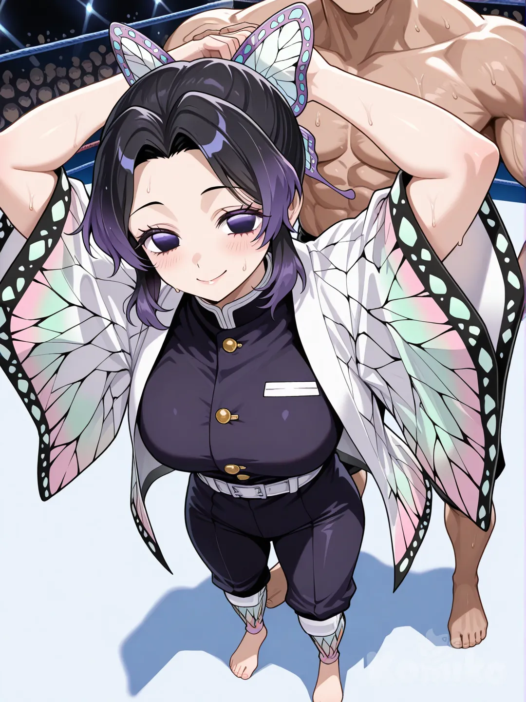 kochou shinobu, wrestling ring, barefoot, win over man, victory pose