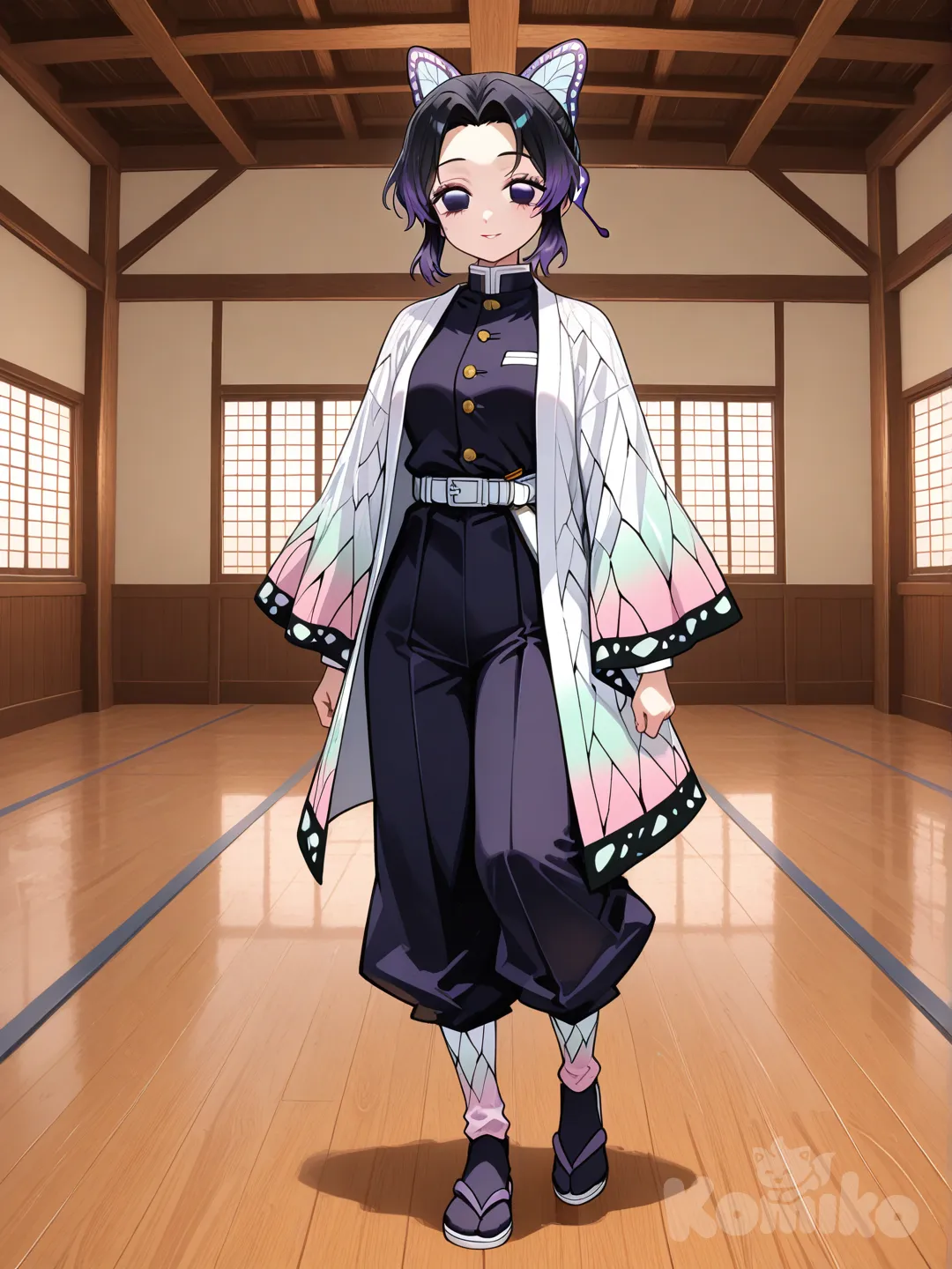 kochou shinobu, socks, karate outfit, stand up, dojo, full body
