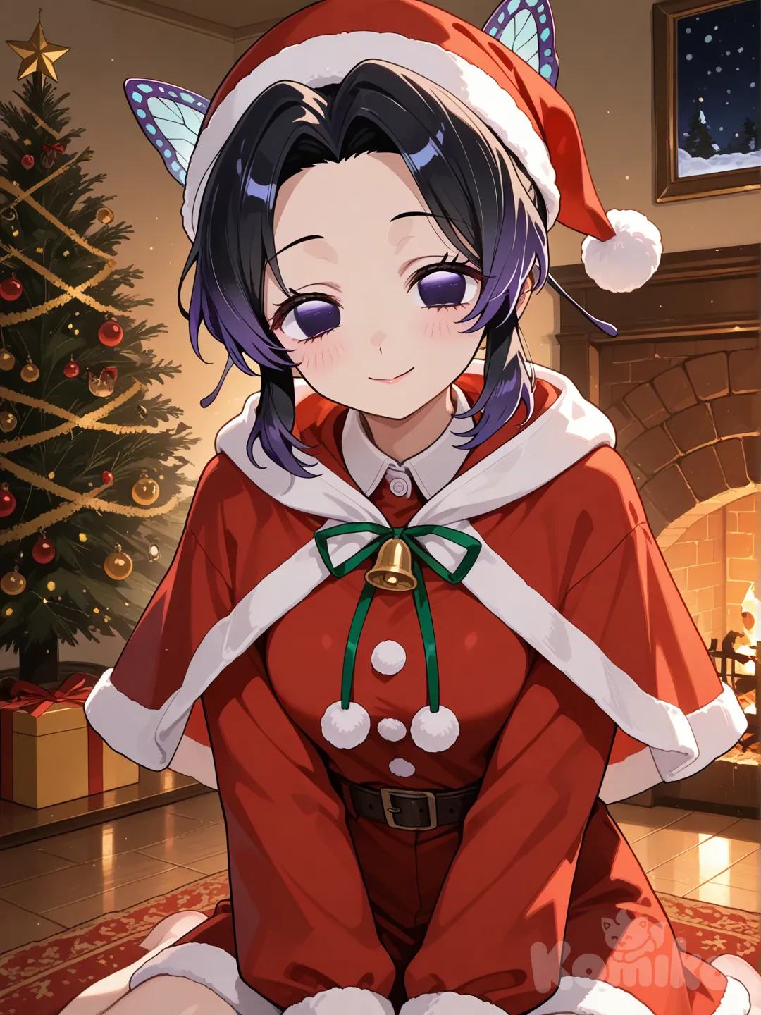 kochou shinobu, santa dress, inside house, christmas tree