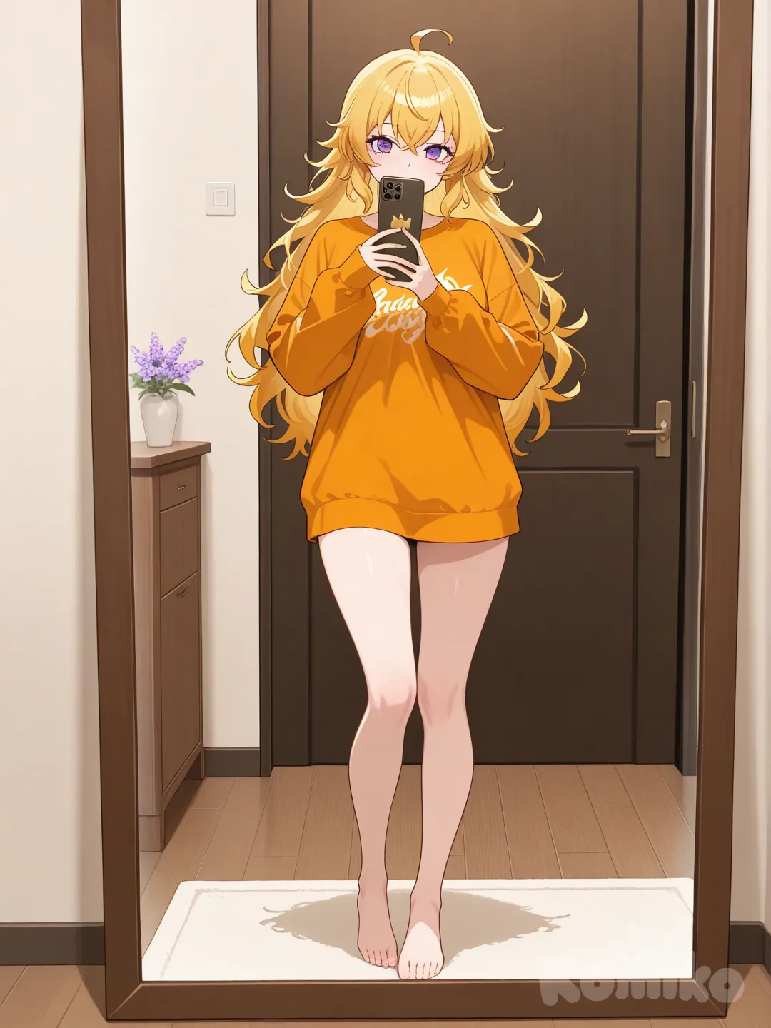 yang xiao long, stand up, barefoot, in front of mirror, selfie