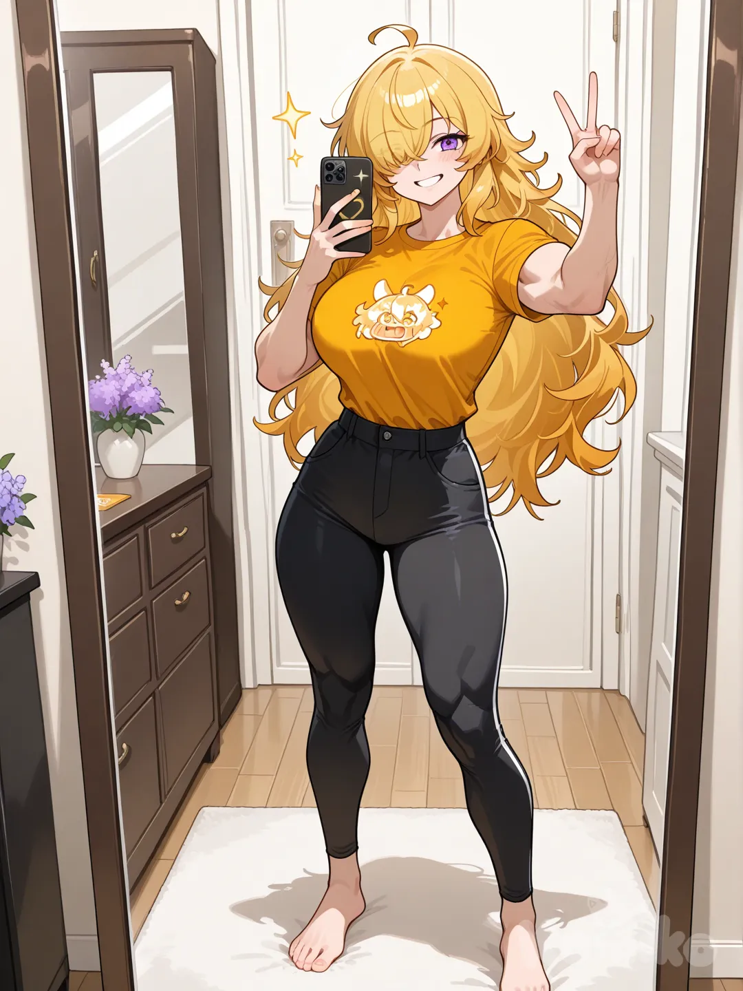 yang xiao long, original outfit, in front of mirror, stand up, barefoot, selfie, Victory pose