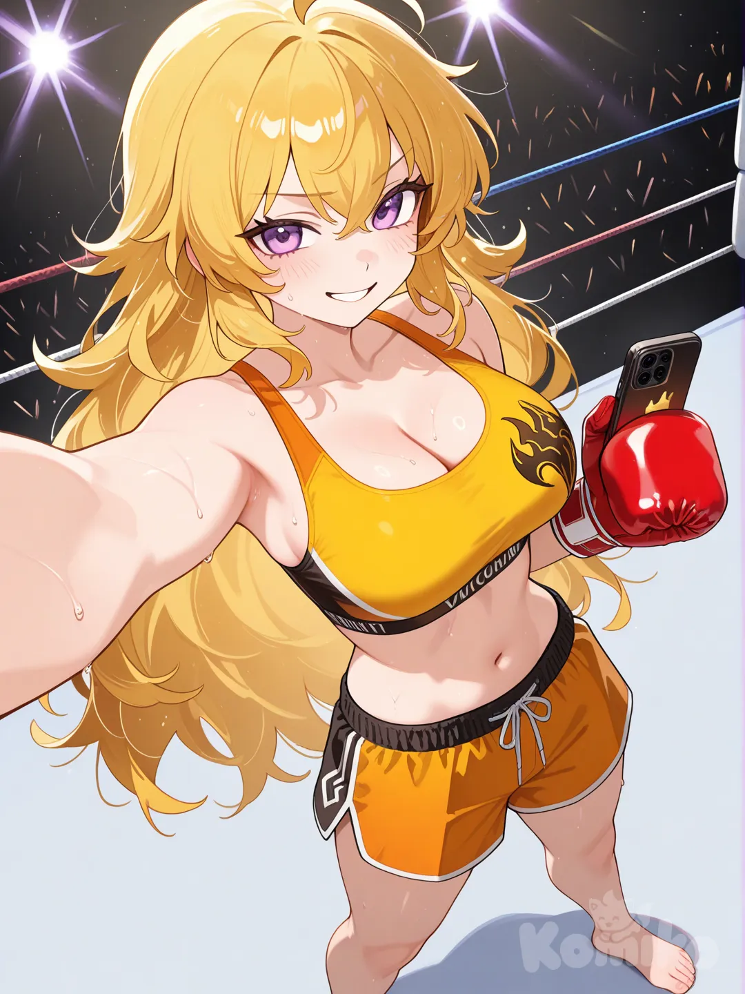 yang xiao long, box outfit, barefoot, wrestling ring, selfie, winner