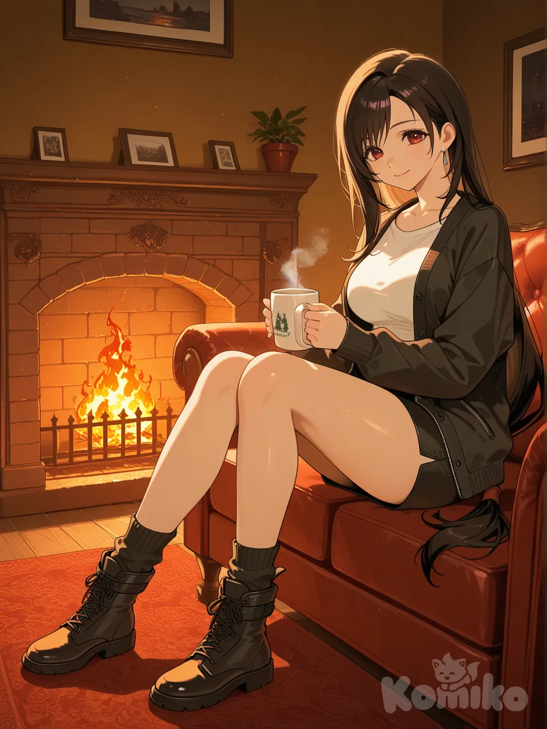 tifa lockhart, socks, coffee, in front of chimney, couch