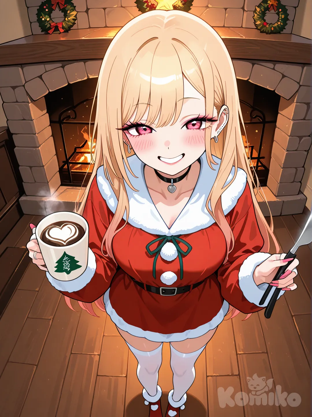kitagawa marin, santa dress, coffee, in front of chimney,