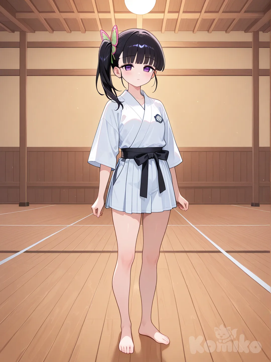 Tsuyuri Kanao, barefoot, karate outfit, dojo, stand up