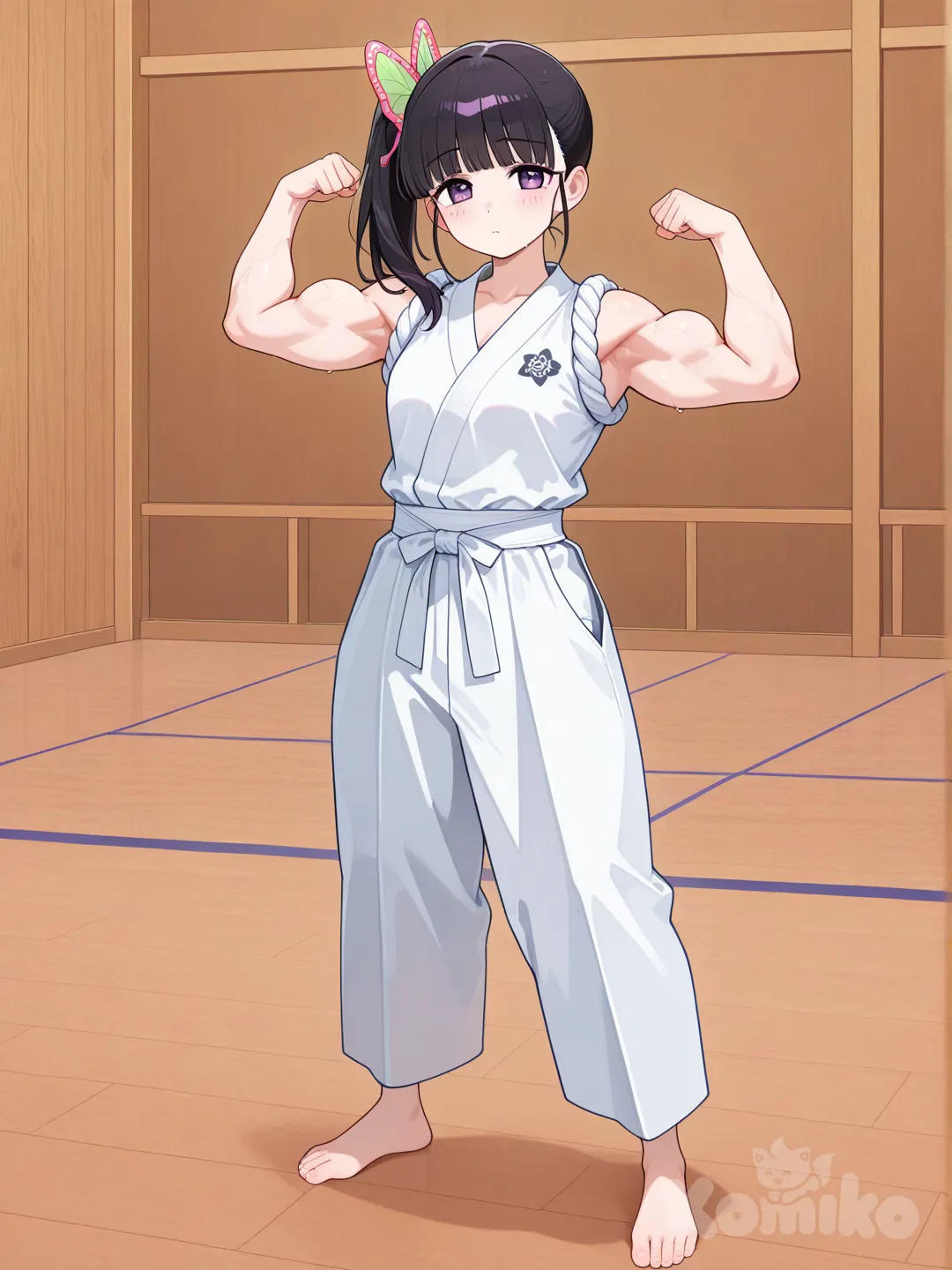Tsuyuri Kanao, barefoot, dojo, karate outfit, stand up, arm Flex