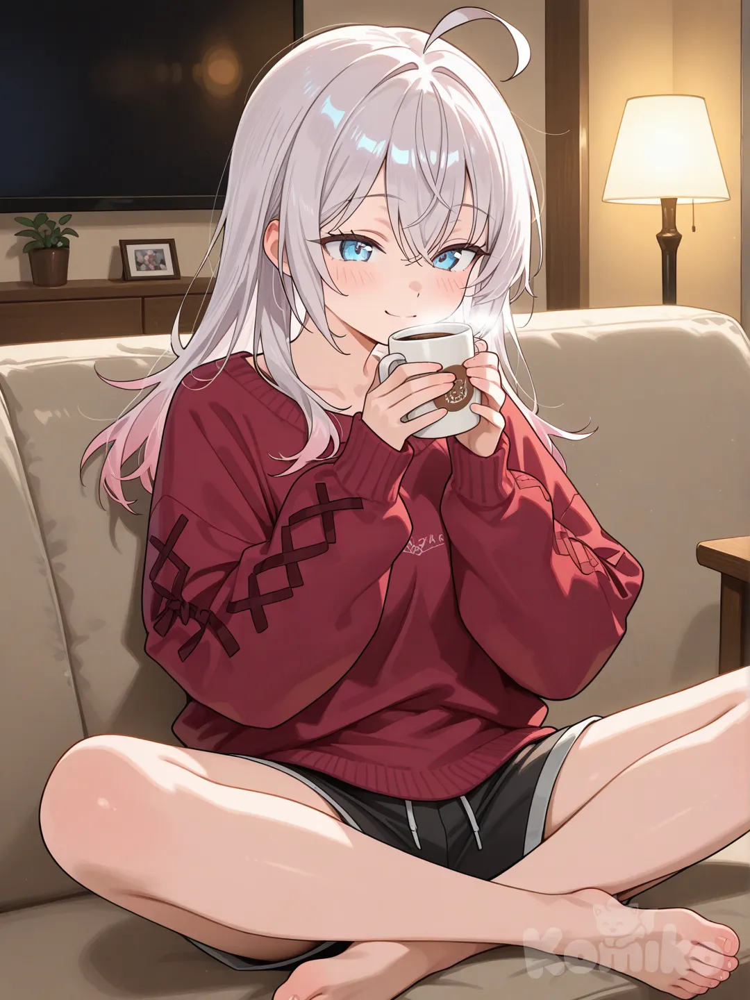 Alisa Mikhailovna Kujou relaxing barefoot on a cozy couch in the living room, sipping coffee and enjoying a peaceful moment with a soft smile.