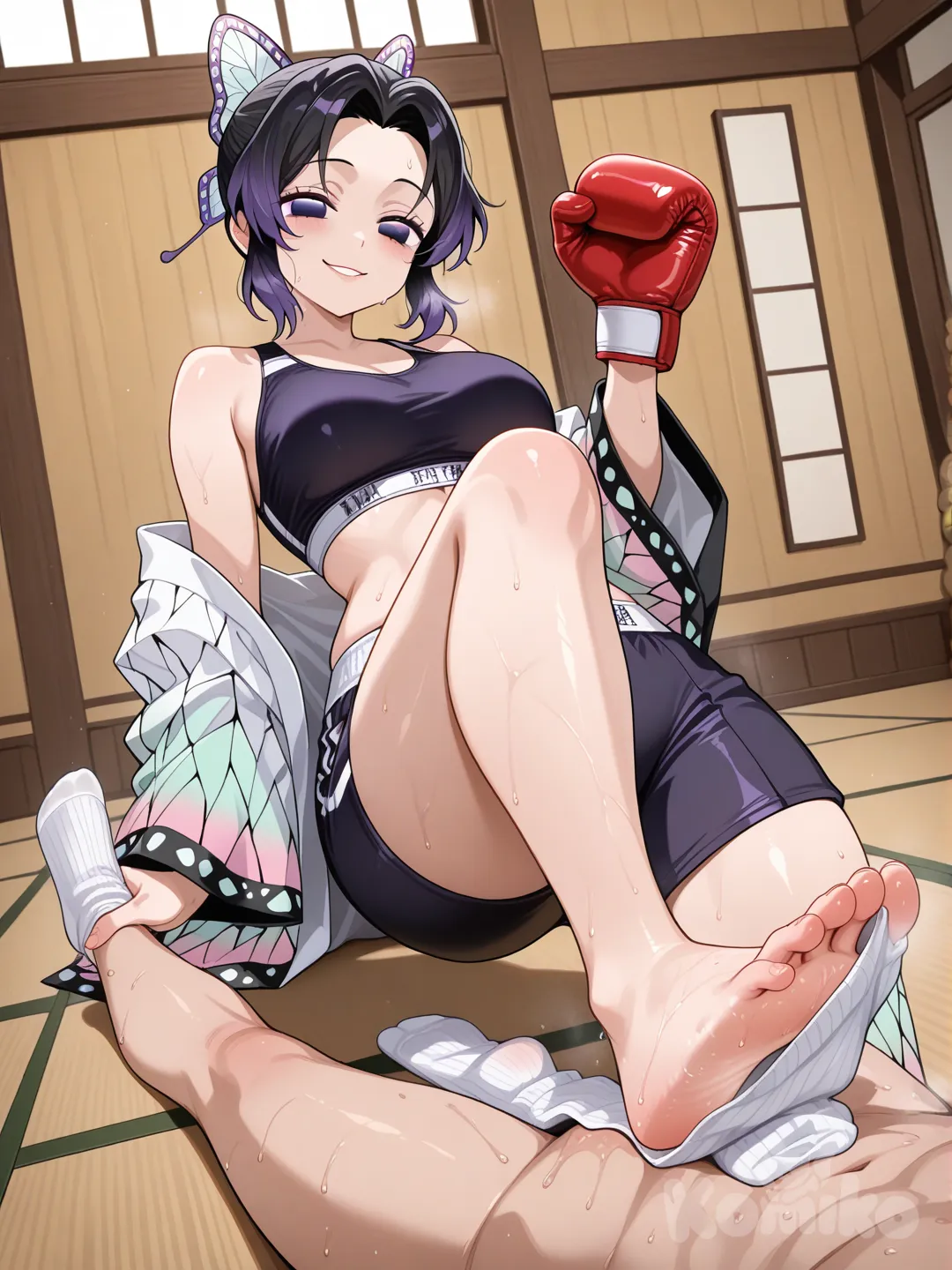 kochou shinobu victorious after a intense fight in a traditional dojo, stands dominantly over her defeated male opponent who is lying helplessly on the wooden floor, as she teasingly peels off her smelly sock right in front of his face in a femdom style, wearing a tight box outfit.