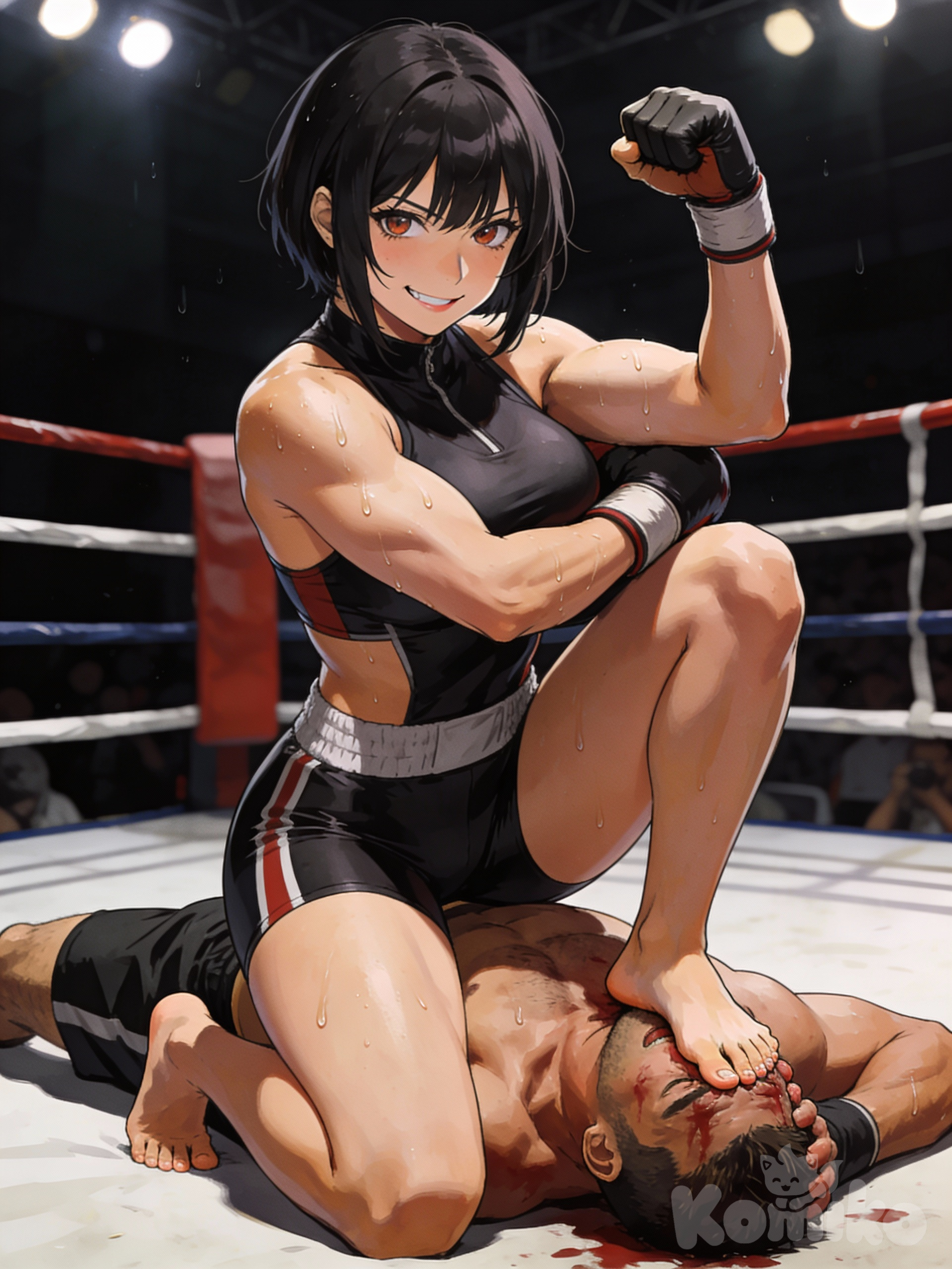 kochou shinobu, in her tight boxing outfit, standing victorious in the wrestling ring after an intense match, barefoot with one foot dominantly pressing on a defeated mans face in a humiliating femdom pose, looking directly at the viewer while flexing her strong arm confidently.