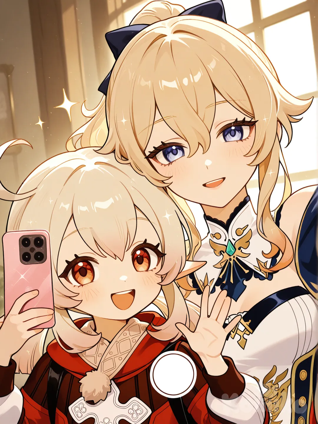 @Klee_(Genshin_Impact), @Jean_(Genshin_Impact), waving, selfie, pointing at viewer, smile, laughing, open mouth, portrait, upper body, looking at viewer, cinematic lighting, day, sparkle