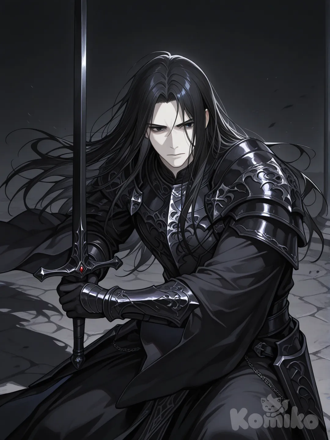 shadow, black sword, holding sword, male focus, black robe, black armor, battle, darkness, male focus, long hair, black hair, black eyes, handsome man, pale skin