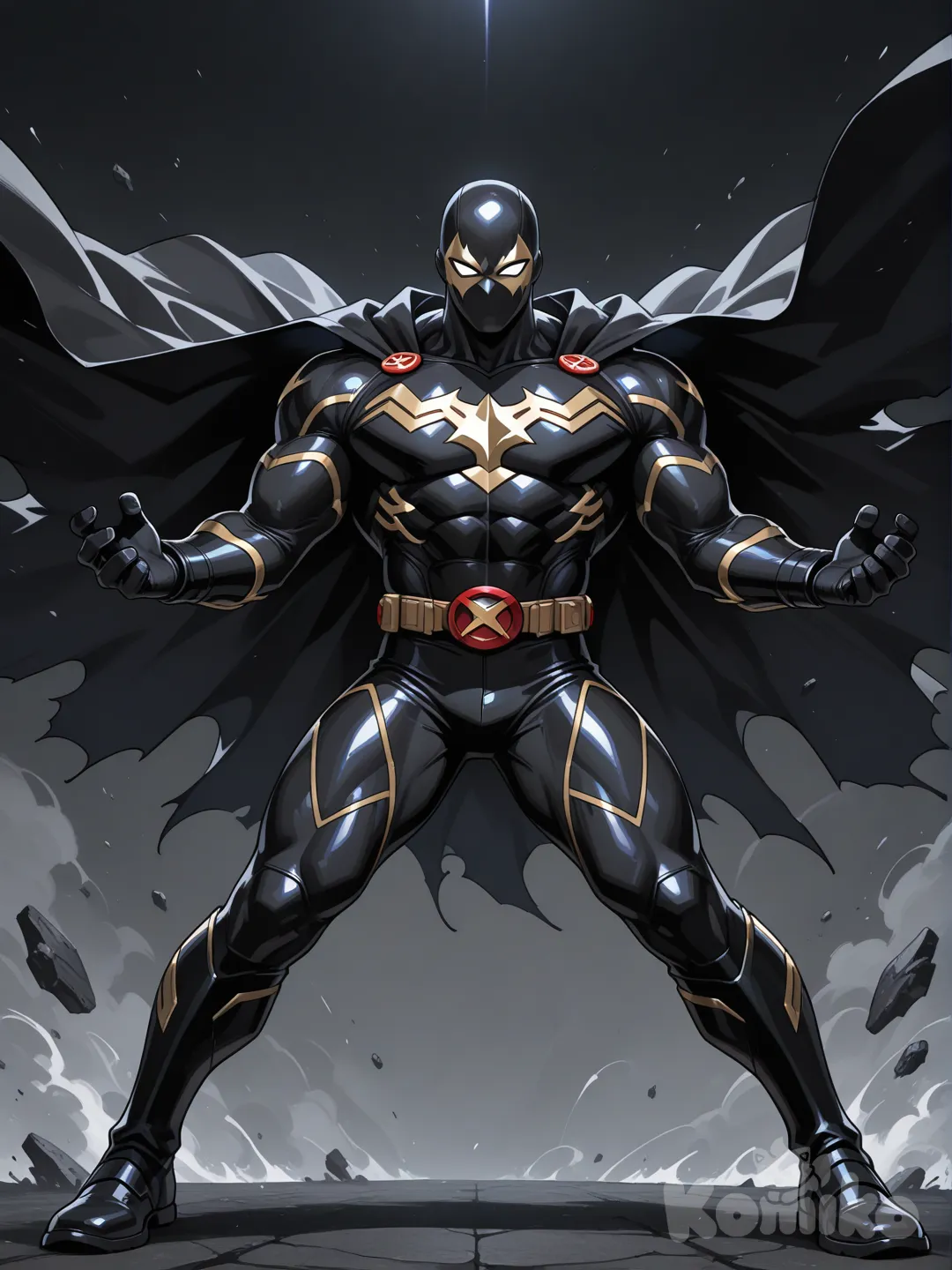 superhero, black armor, mask on head, chromatic mask, black cape, male focus