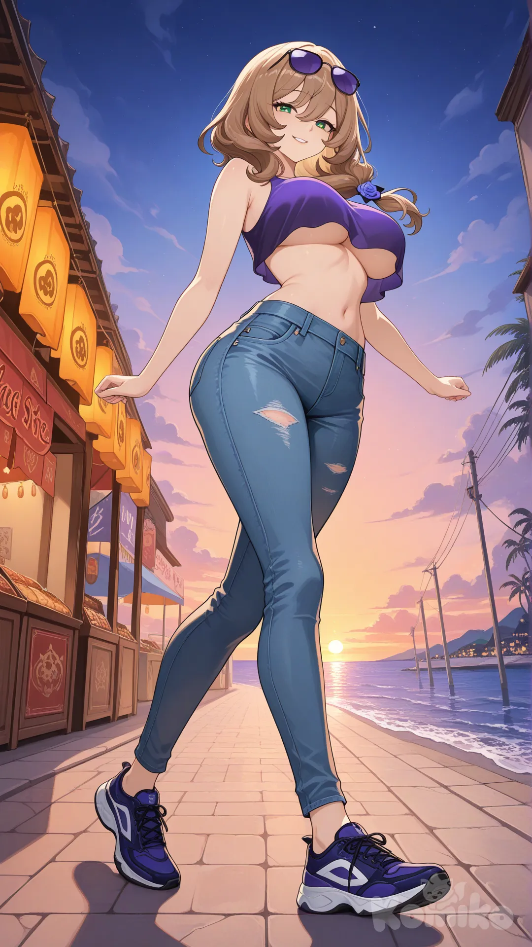Lisa (Genshin Impact) (big cool sister) 

#big sister style , Very good figure , 

#side view 

 # upper body (Focus on the upper body, from the waist up.)

#looking at viewer #full body#, up view , #full body ,from above , day , funny , relaxed, anime style , 

#cool post

,deep sea blue Thin Cropped tank top , jeans , deep sea blue running shoes , sun glasses

relax , Taking a stroll, walking on a sidewalk , on a eveing sunnyday , in the sreet in night market , It has a view of the sea and beach as a backdrop