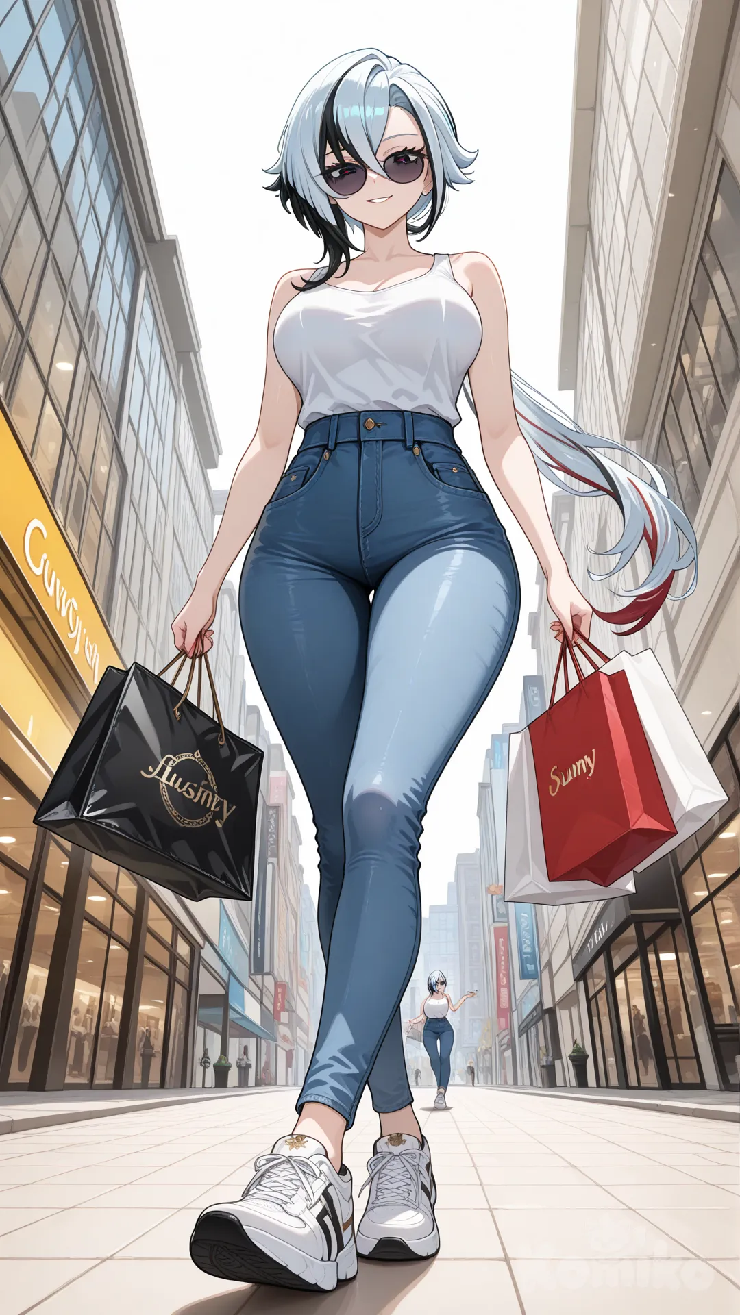 @Arlecchino_(Genshin_Impact) big sister style

#big sister style , good figure , 

#side view 

 # upper body (Focus on the upper body, from the waist up.)

#looking at viewer #full body#, up view , #full body ,from above , day , funny , relaxed, anime style , 

#cool post

, white Thin tank top, jeans, running shoes, sun glasses

relax , Taking a stroll, walking on a sidewalk , on a midnight sunnyday , in the shopping mall carrying a bag full of a brand name clothes in her hands., I