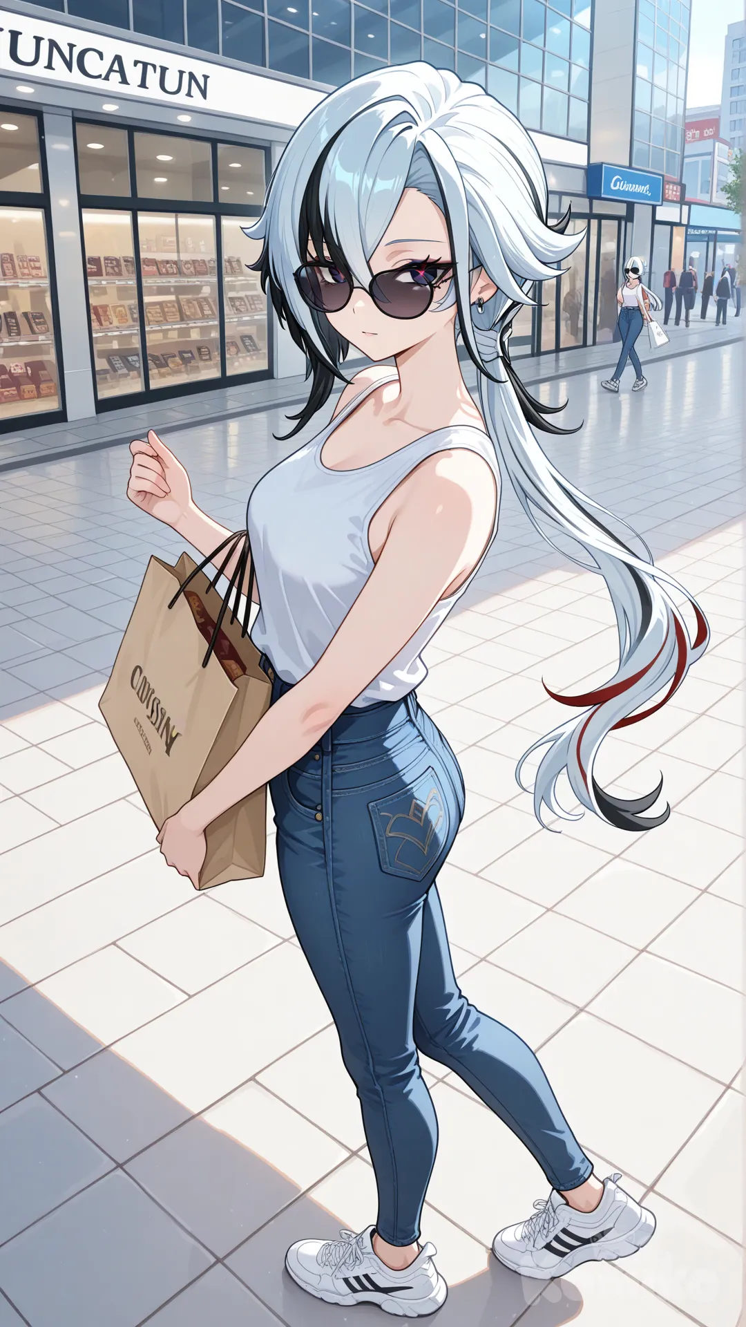 @Arlecchino_(Genshin_Impact) big sister style

#big sister style , good figure , 

#side view 

 # upper body (Focus on the upper body, from the waist up.)

#looking at viewer #full body#, up view , #full body ,from above , day , funny , relaxed, anime style , 

#cool post

, white Thin tank top, jeans, running shoes, sun glasses

relax , Taking a stroll, walking on a sidewalk , on a midnight sunnyday , in the shopping mall carrying a bag full of a brand name clothes in her hands., I