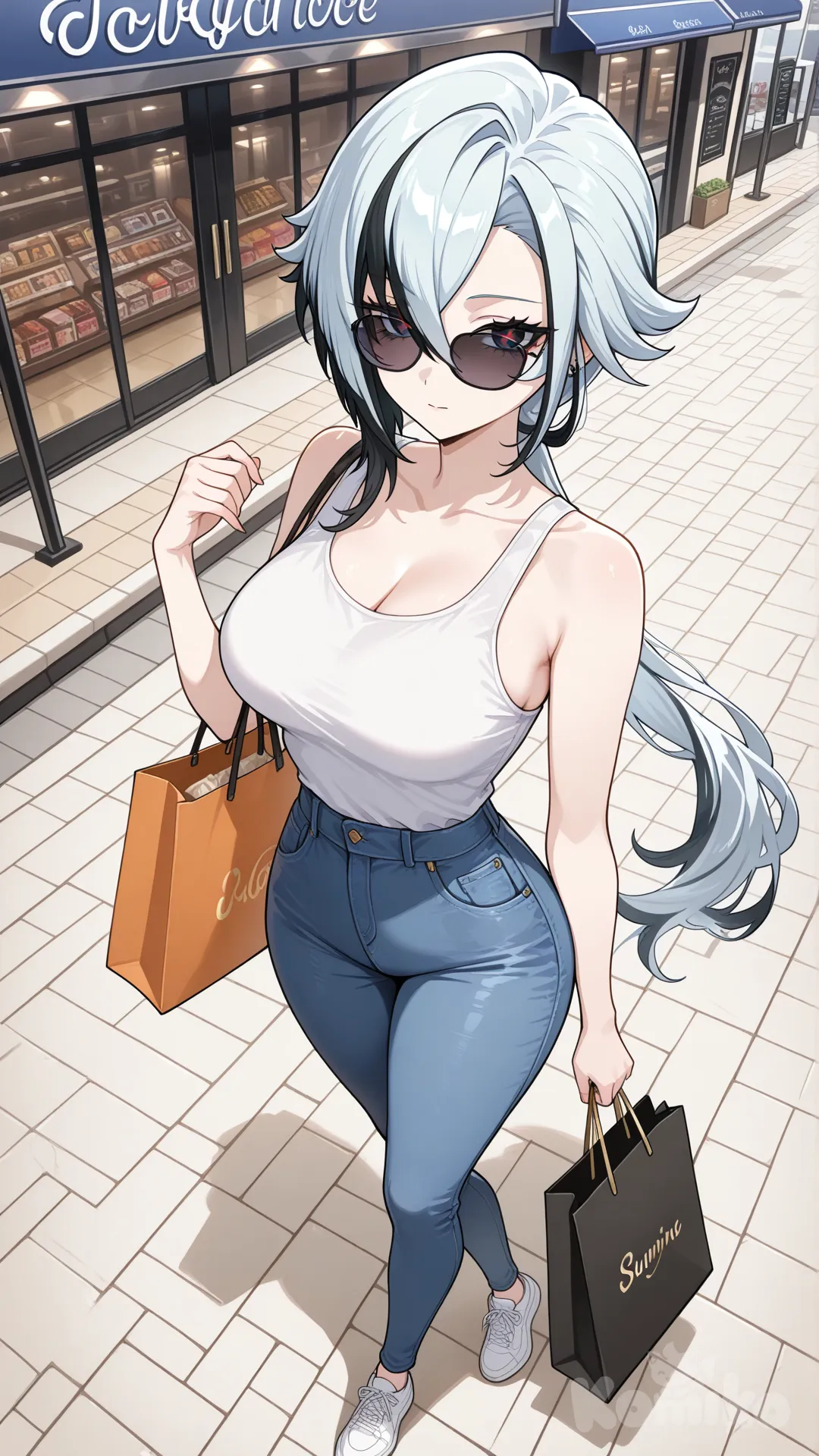 @Arlecchino_(Genshin_Impact) big sister style

#big sister style , good figure , 

#side view 

 # upper body (Focus on the upper body, from the waist up.)

#looking at viewer #full body#, up view , #full body ,from above , day , funny , relaxed, anime style , 

#cool post

, white Thin tank top, jeans, running shoes, sun glasses

relax , Taking a stroll, walking on a sidewalk , on a midnight sunnyday , in the shopping mall carrying a bag full of a brand name clothes in her hands., I