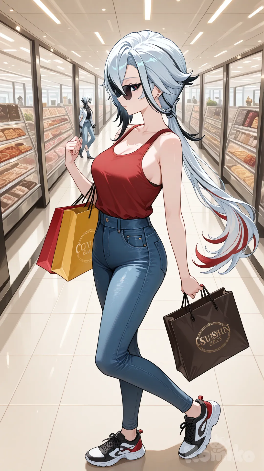 @Arlecchino_(Genshin_Impact) big sister style 

#big sister style , good figure , 

#side view 

 # upper body (Focus on the upper body, from the waist up.)

#looking at viewer #full body#, up view , #full body ,from above , day , funny , relaxed, anime style , 

#cool post

, hot red Thin tank top, jeans, running shoes, sun glasses

relax , Taking a stroll, walking on a sidewalk , on a midnight sunnyday , in the shopping mall carrying a bag full of a brand name clothes in her hands., I