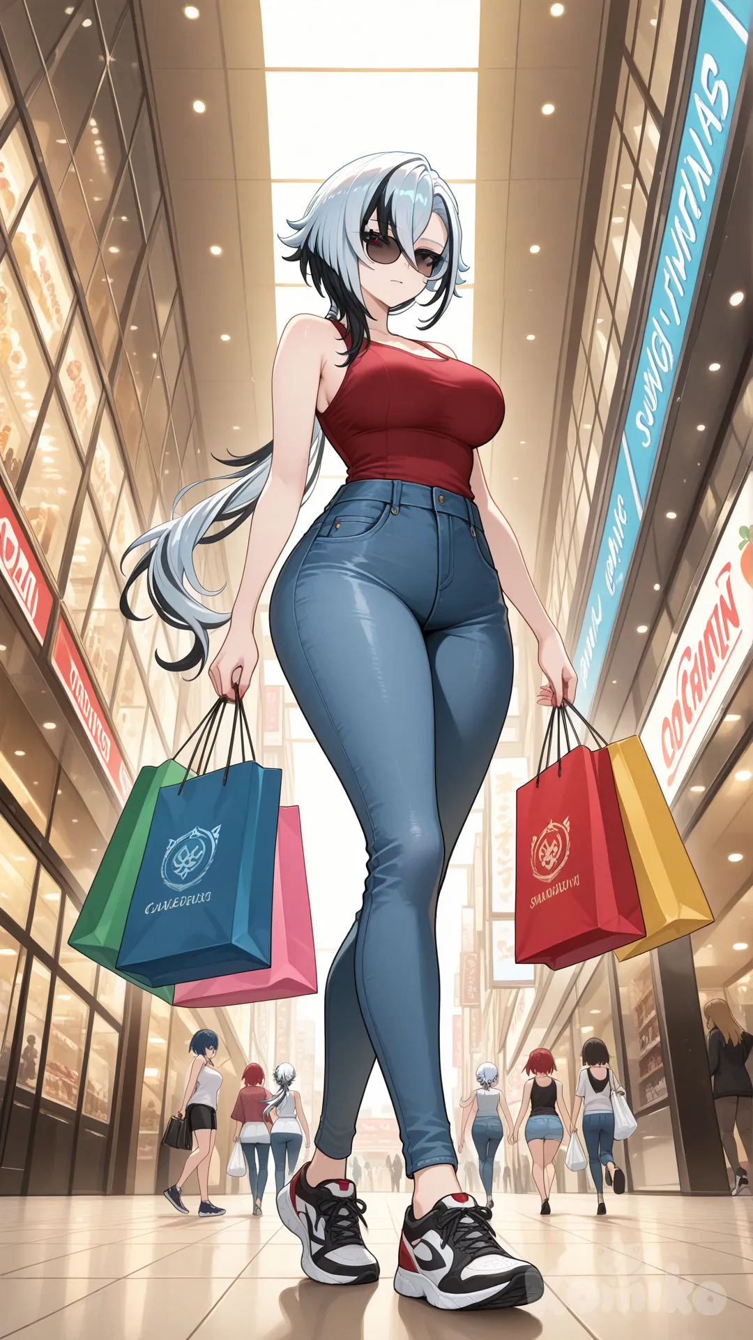 @Arlecchino_(Genshin_Impact) big sister style 

#big sister style , good figure , 

#side view 

 # upper body (Focus on the upper body, from the waist up.)

#looking at viewer #full body#, up view , #full body ,from above , day , funny , relaxed, anime style , 

#cool post

, hot red Thin tank top, jeans, running shoes, sun glasses

relax , Taking a stroll, walking on a sidewalk , on a midnight sunnyday , in the shopping mall carrying a bag full of a brand name clothes in her hands., I