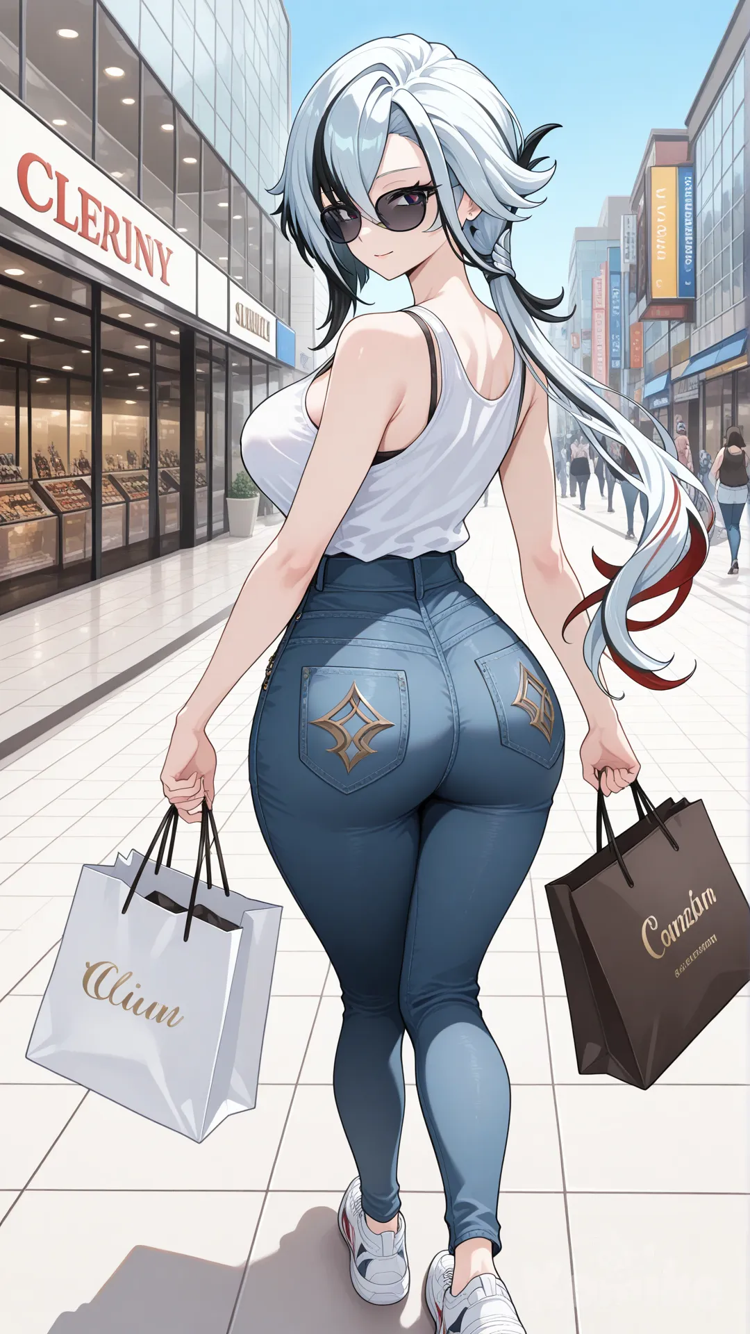 @Arlecchino_(Genshin_Impact) big sister style 

#big sister style , good figure , 

#side view 

 # upper body (Focus on the upper body, from the waist up.)

#looking at viewer #full body#, up view , #full body ,from above , day , funny , relaxed, anime style , 

#cool post

,white Thin tank top, jeans, running shoes, sun glasses

relax , Taking a stroll, walking on a sidewalk , on a midnight sunnyday , in the shopping mall carrying a bag full of a brand name clothes in her hands.