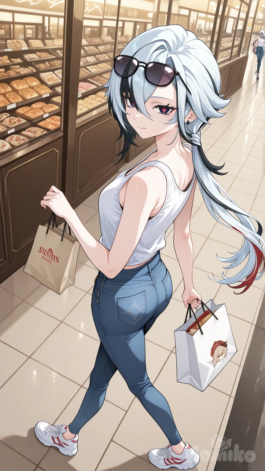 @Arlecchino_(Genshin_Impact) big sister style 

#big sister style , good figure , 

#side view 

 # upper body (Focus on the upper body, from the waist up.)

#looking at viewer #full body#, up view , #full body ,from above , day , funny , relaxed, anime style , 

#cool post

,white Thin tank top, jeans, running shoes, sun glasses

relax , Taking a stroll, walking on a sidewalk , on a midnight sunnyday , in the shopping mall carrying a bag full of a brand name clothes in her hands.