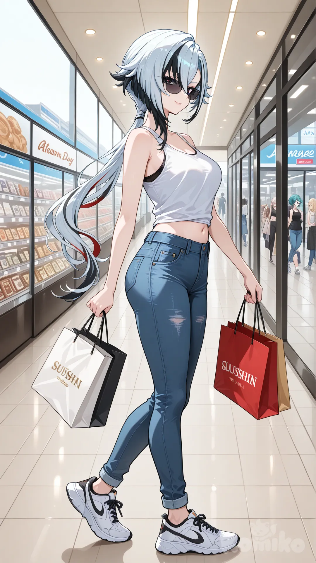 @Arlecchino_(Genshin_Impact) big sister style 

#big sister style , good figure , 

#side view 

 # upper body (Focus on the upper body, from the waist up.)

#looking at viewer #full body#, up view , #full body ,from above , day , funny , relaxed, anime style , 

#cool post

,white Thin tank top, jeans, running shoes, sun glasses

relax , Taking a stroll, walking on a sidewalk , on a midnight sunnyday , in the shopping mall carrying a bag full of a brand name clothes in her hands.