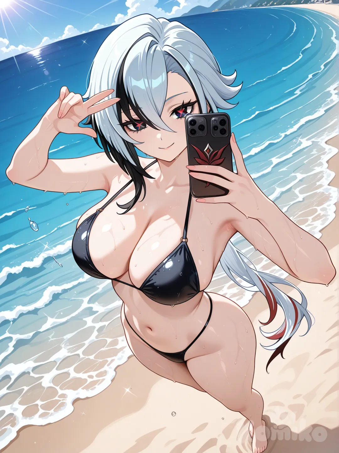 It has a view of the sea and beach as a backdrop