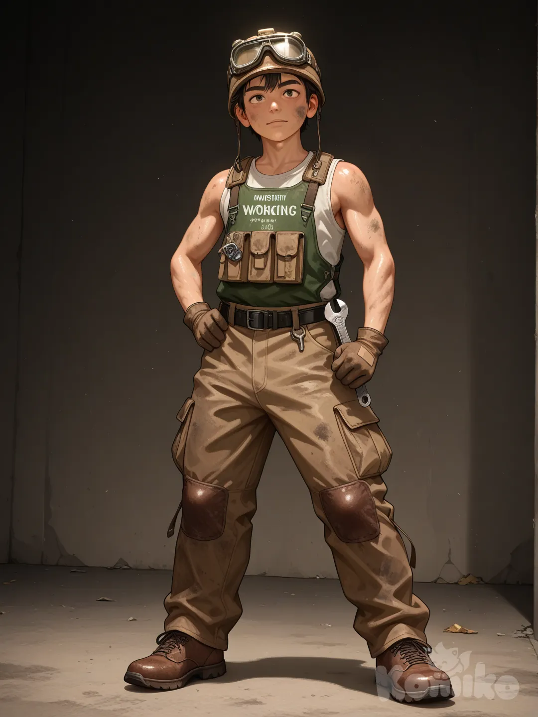 A 8yo shota boy dressed in dieselpunk Christmas cloth. working class, engineer. sorta cute. grungy, 8k, professionally photograph. standing, shown full height, head to toe, not cropped. A-Pose. skimpy cloth.