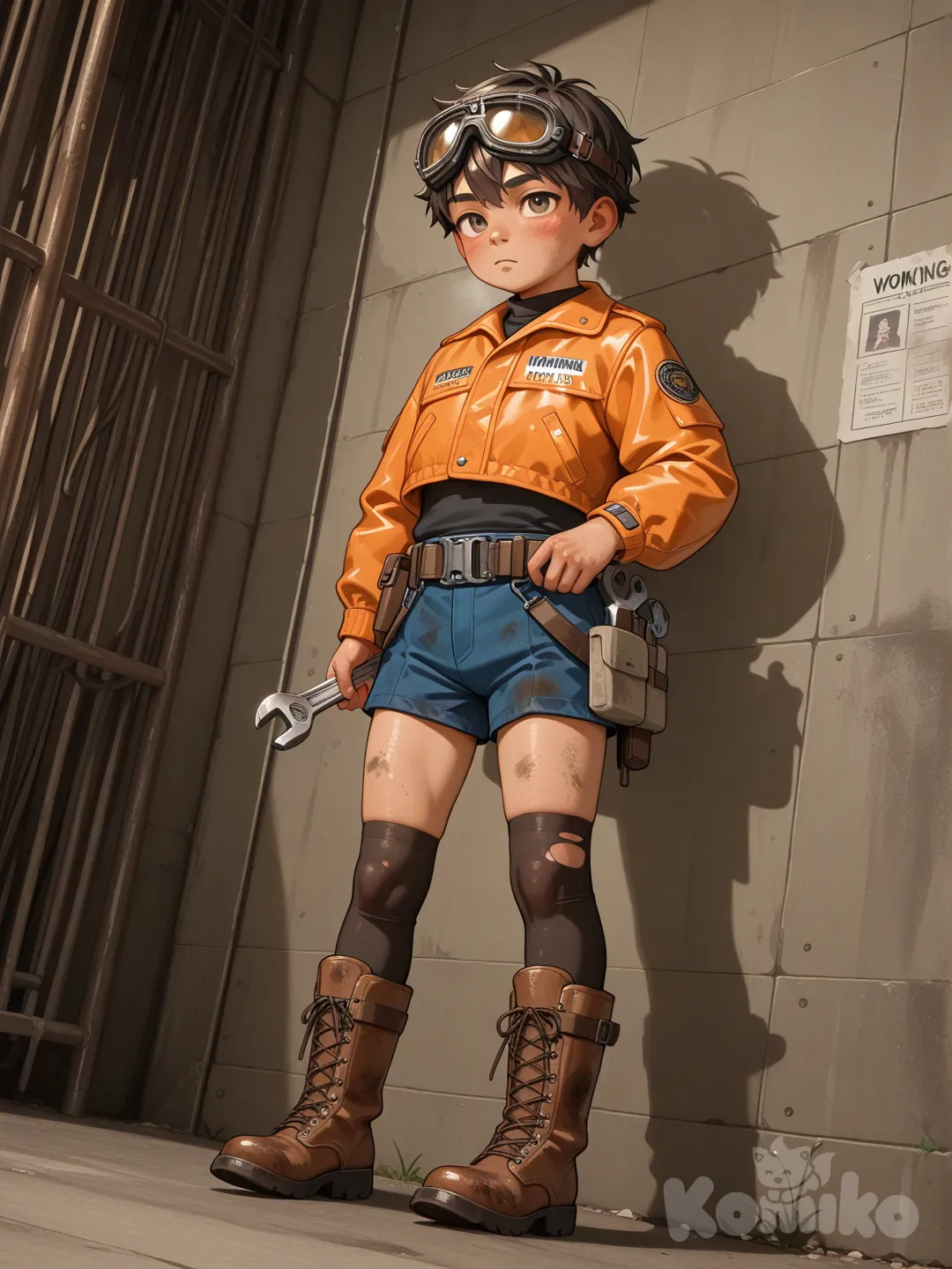 A 8yo shota boy dressed in dieselpunk Winter cloth. working class, engineer. sorta cute. grungy, 8k, professionally photograph. standing, shown full height, head to toe, not cropped. A-Pose. skimpy cloth.