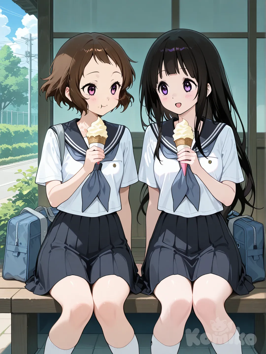Chitanda Eru and Ibara Mayaka from Hyouka, eat ice cream.