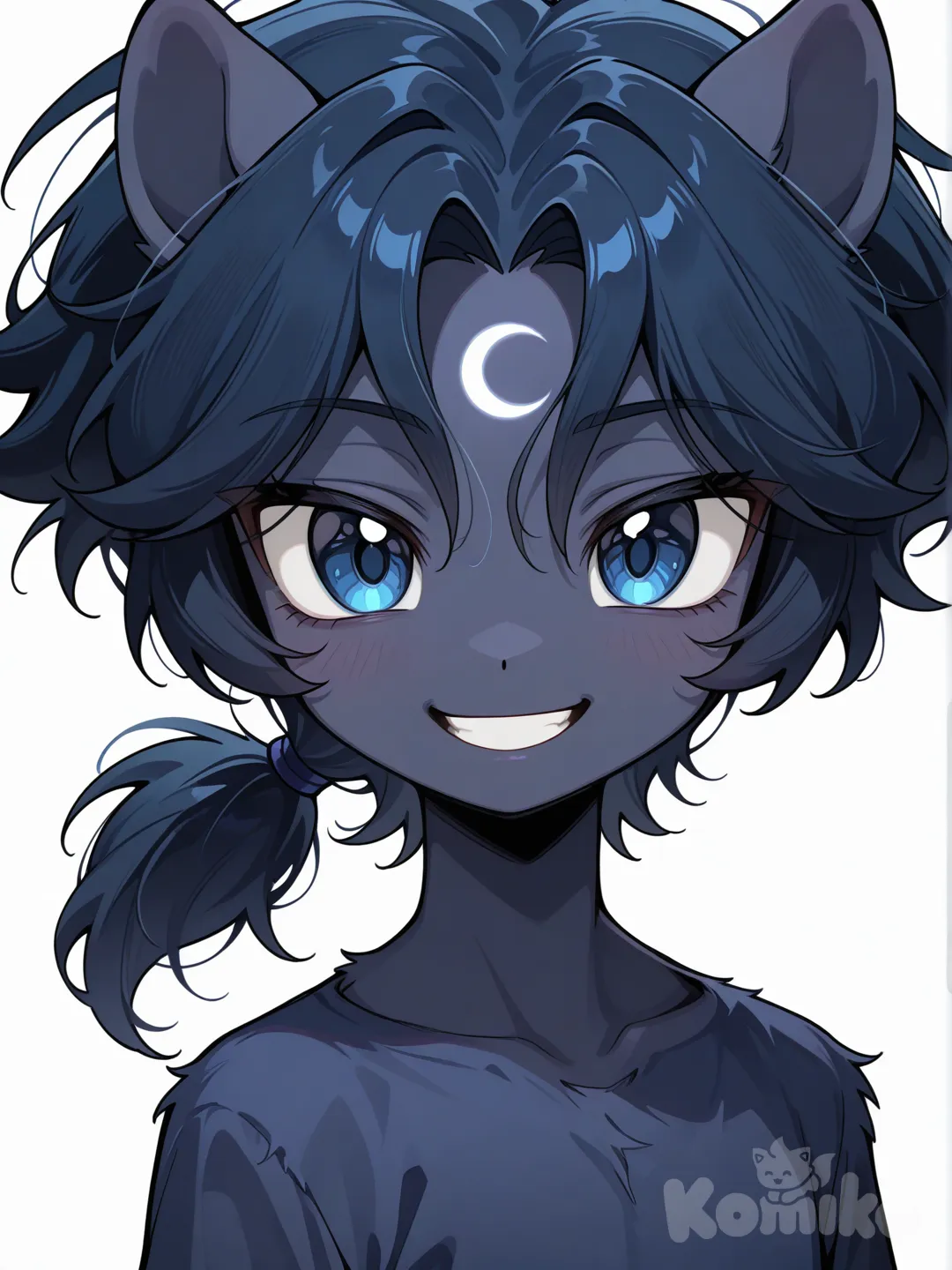 Appearance: boy pony, earth wings horn black blue pony, dark blue body, golden mane, blue black ponytail hair, blue eyes, moon cutie mark, My Little Pony, adventurous smile, single character, upper body, looking at viewer, anime style, simple background, white background