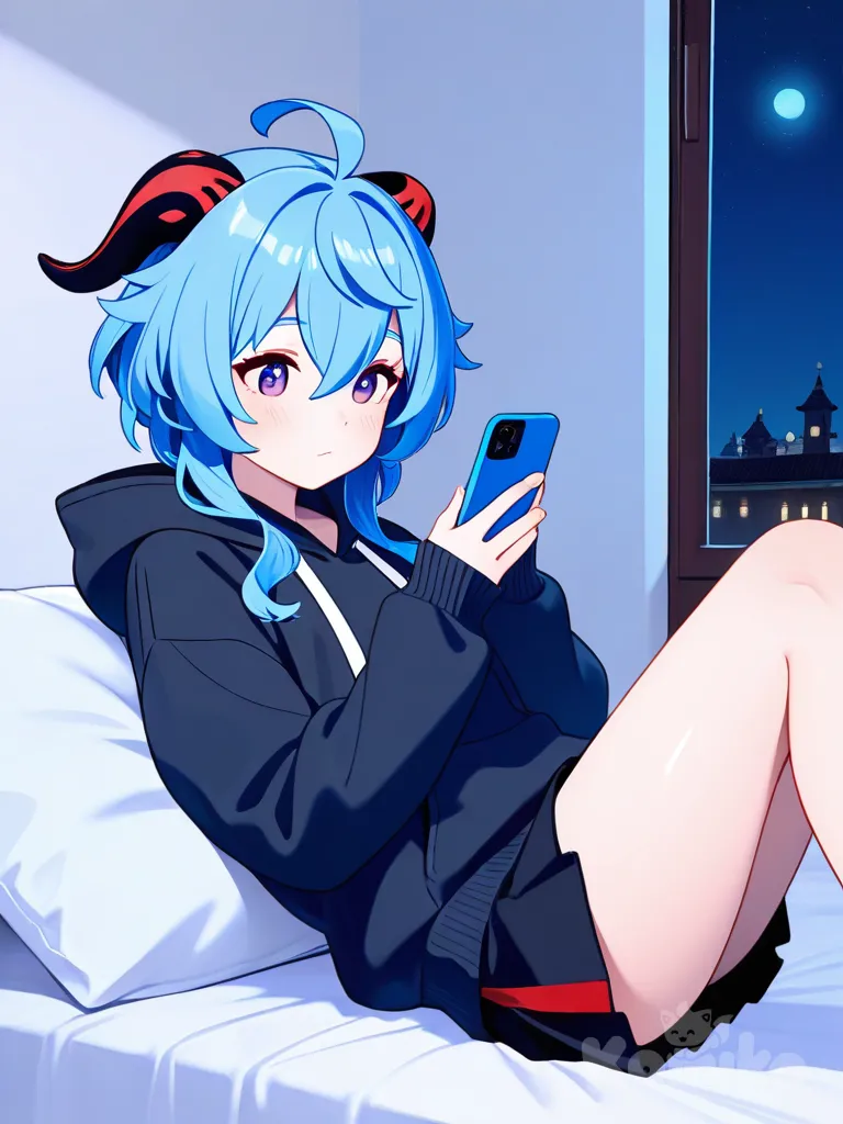 @Ganyu_(Genshin_Impact) Acostada Lying down in a black hooded sweater and black skirt while looking at her phone, looking at the phone, bedroom, night